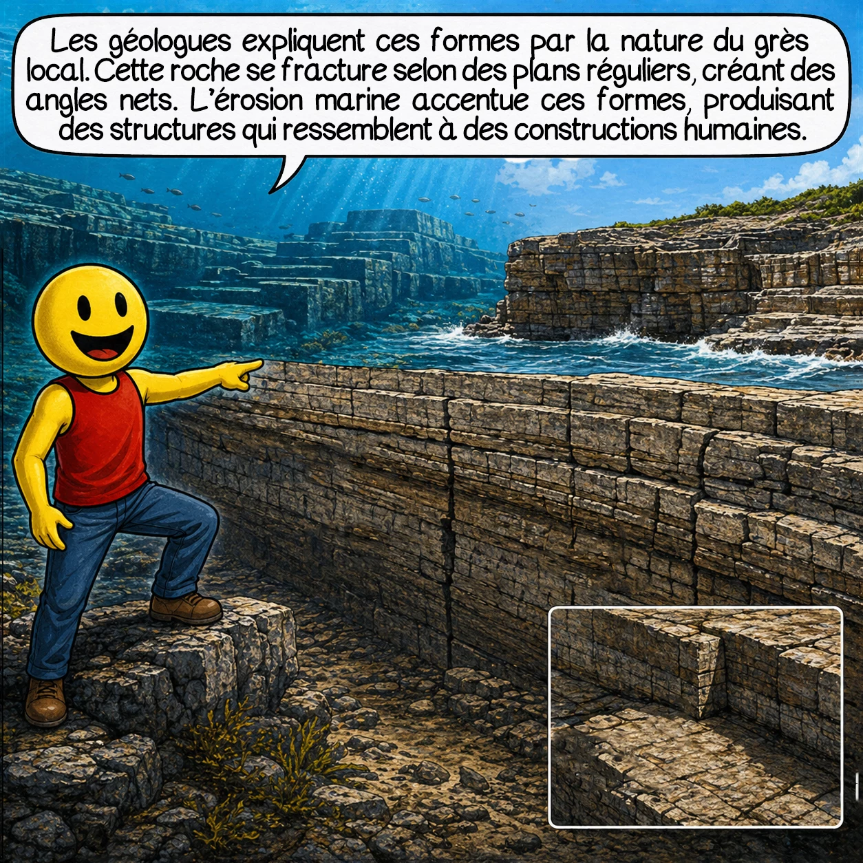La structure sous-marine de Yonaguni, case 4 : La plupart des géologues expliquent ces formes par la nature du grès local. Cette roche se fracture selon des plans réguliers, créant des angles nets. L’érosion marine accentue ces formes, produisant des structures qui ressemblent à des constructions humaines.
