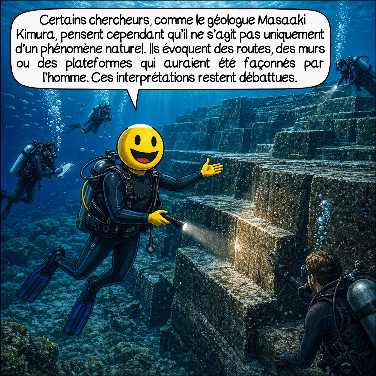 La structure sous-marine de Yonaguni, case 5 : Certains chercheurs, comme le géologue Masaaki Kimura, pensent cependant qu’il ne s’agit pas uniquement d’un phénomène naturel. Ils évoquent des routes, des murs ou des plateformes qui auraient été façonnés par l’homme. Ces interprétations restent débattues.