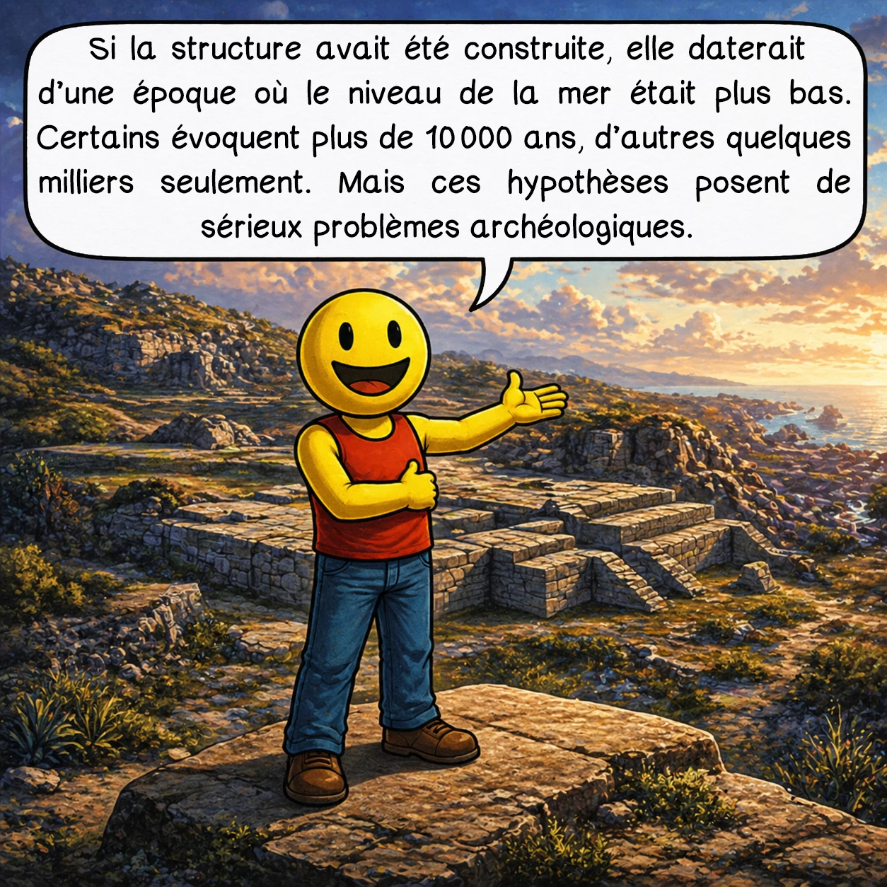 La structure sous-marine de Yonaguni, case 6 : Si la structure avait été construite, elle daterait d’une époque où le niveau de la mer était plus bas. Certains évoquent plus de 10 000 ans, d’autres quelques milliers seulement. Mais ces hypothèses posent de sérieux problèmes archéologiques.