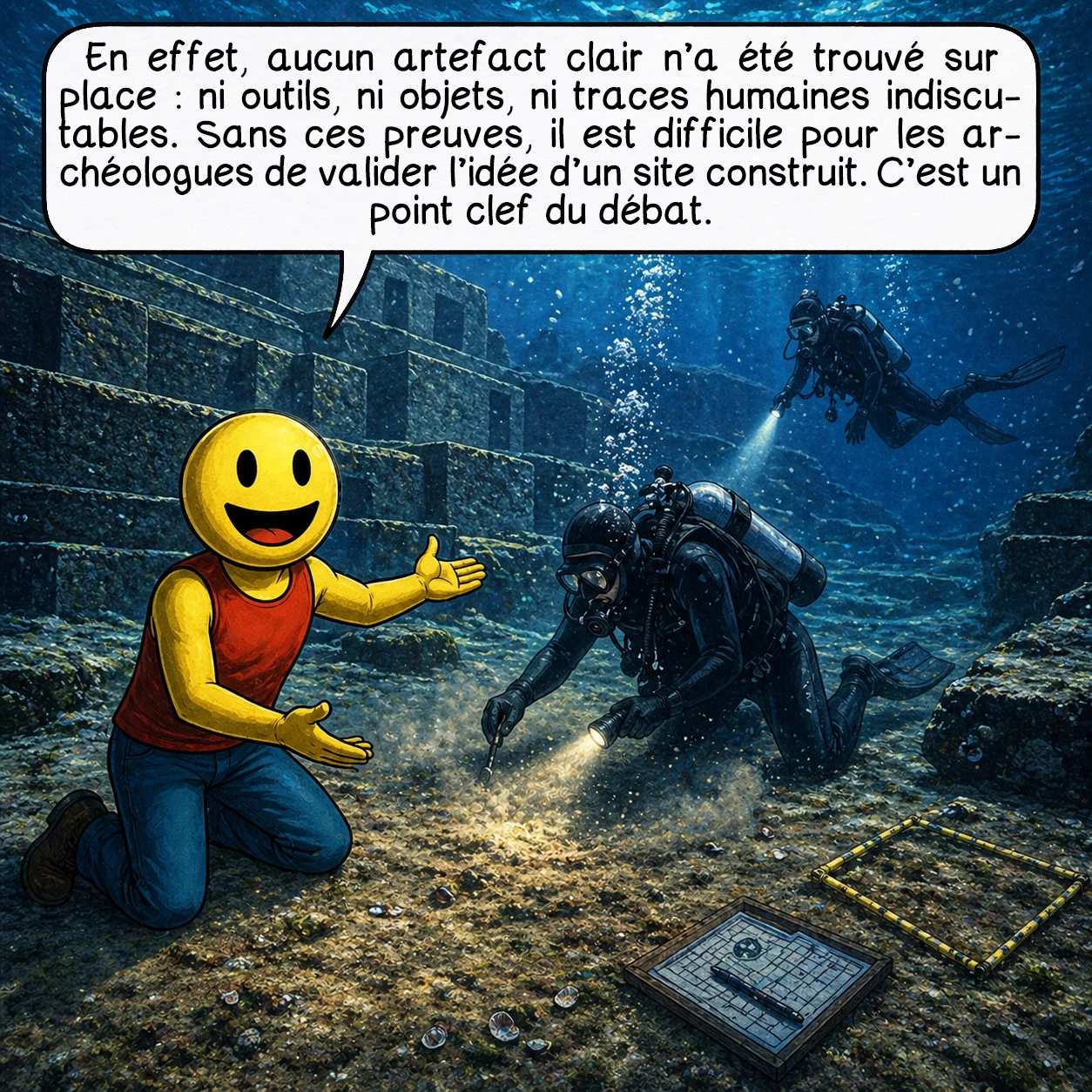La structure sous-marine de Yonaguni, case 7 : En effet, aucun artefact clair n’a été trouvé sur place : ni outils, ni objets, ni traces humaines indiscutables. Sans ces preuves, il est difficile pour les archéologues de valider l’idée d’un site construit. C’est un point clé du débat.