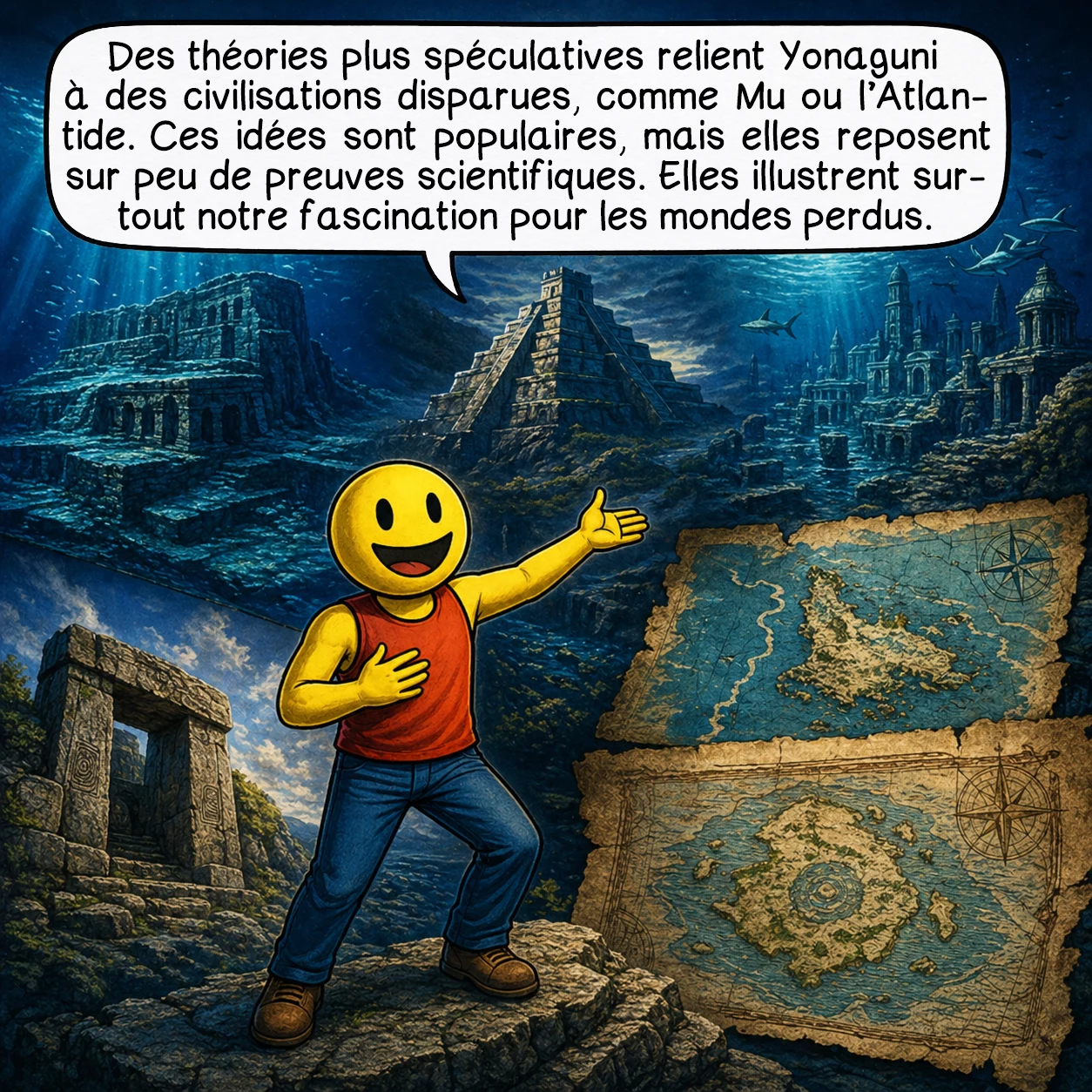 La structure sous-marine de Yonaguni, case 8 : Des théories plus spéculatives relient Yonaguni à des civilisations disparues, comme Mu ou l’Atlantide. Ces idées sont populaires, mais elles reposent sur peu de preuves scientifiques. Elles illustrent surtout notre fascination pour les mondes perdus.