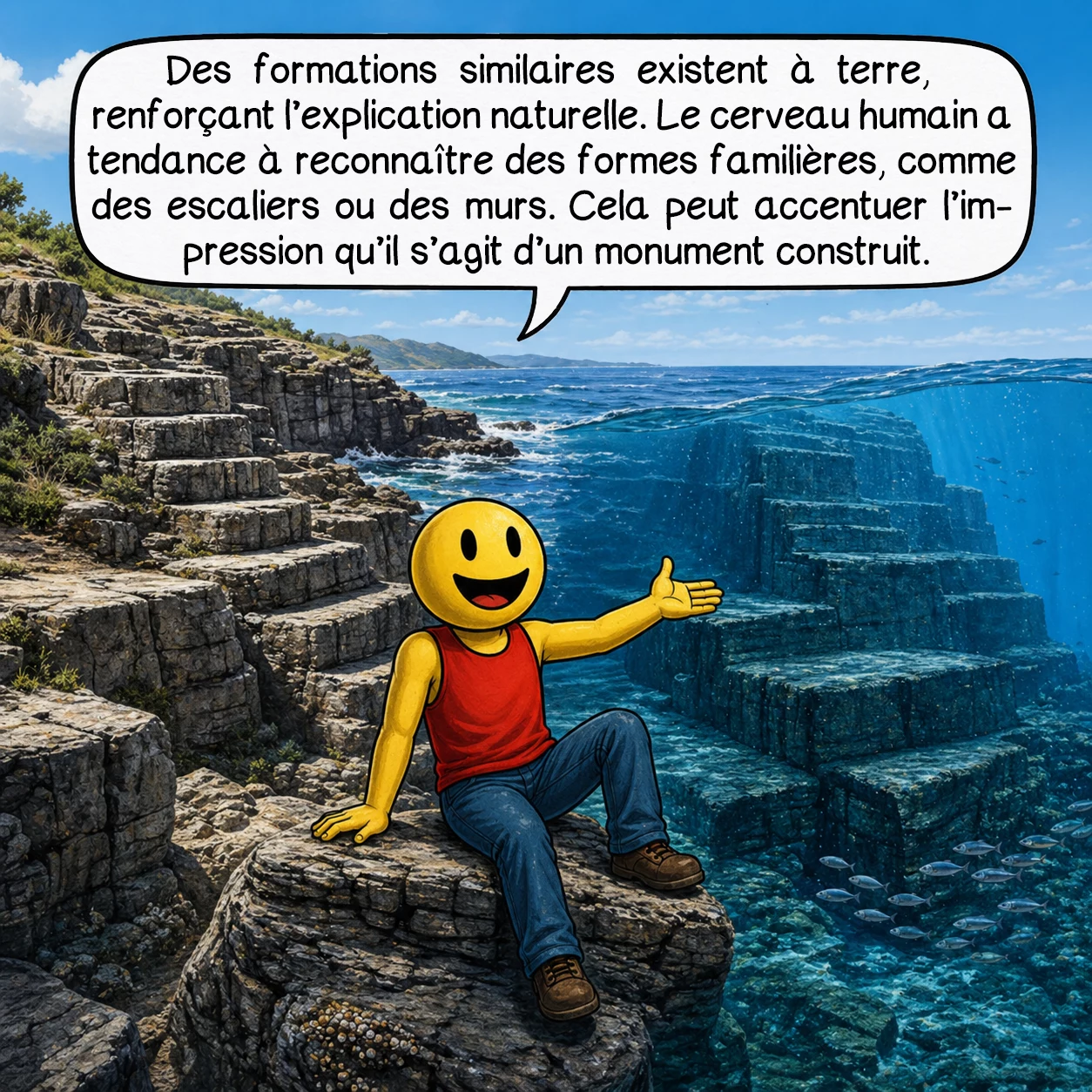 La structure sous-marine de Yonaguni, case 9 : Des formations similaires existent à terre, renforçant l’explication naturelle. Le cerveau humain a tendance à reconnaître des formes familières, comme des escaliers ou des murs. Cela peut accentuer l’impression qu’il s’agit d’un monument construit.