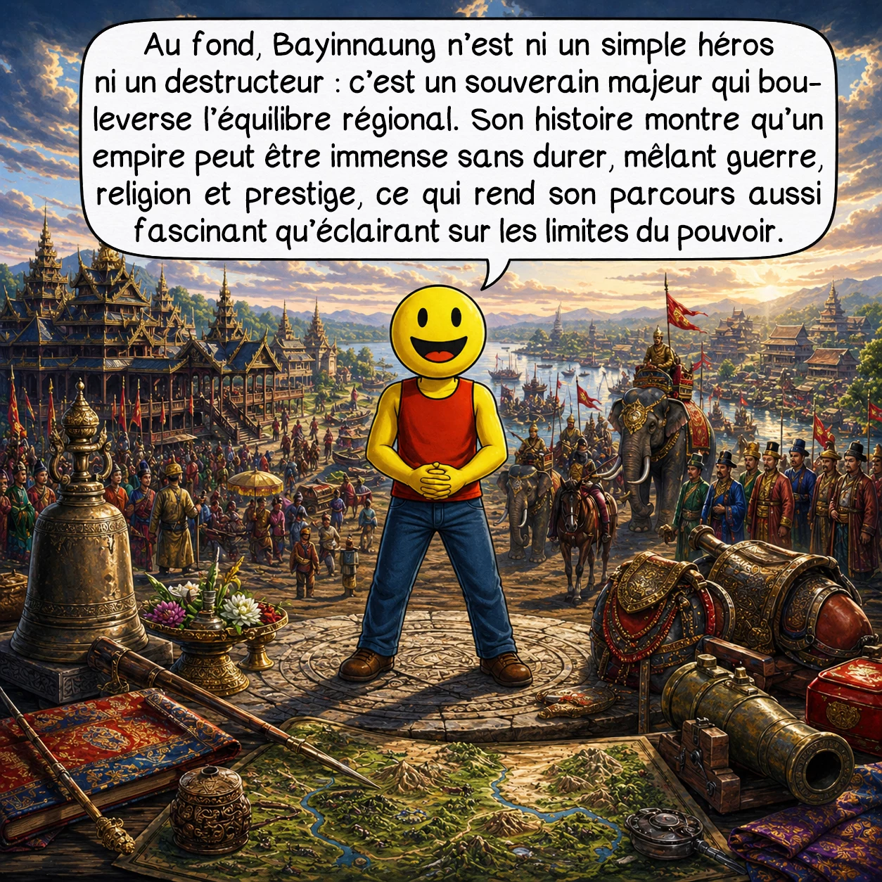 Bayinnaung, case 10 : Au fond, Bayinnaung n’est ni un simple héros ni un simple destructeur : c’est un souverain majeur qui a transformé l’équilibre politique de toute une région. Son histoire montre comment un empire peut être gigantesque sans être durable, et comment la guerre, la religion et le prestige royal peuvent se mêler. C’est aussi ce qui rend son parcours si fascinant : il éclaire autant la puissance que ses limites.