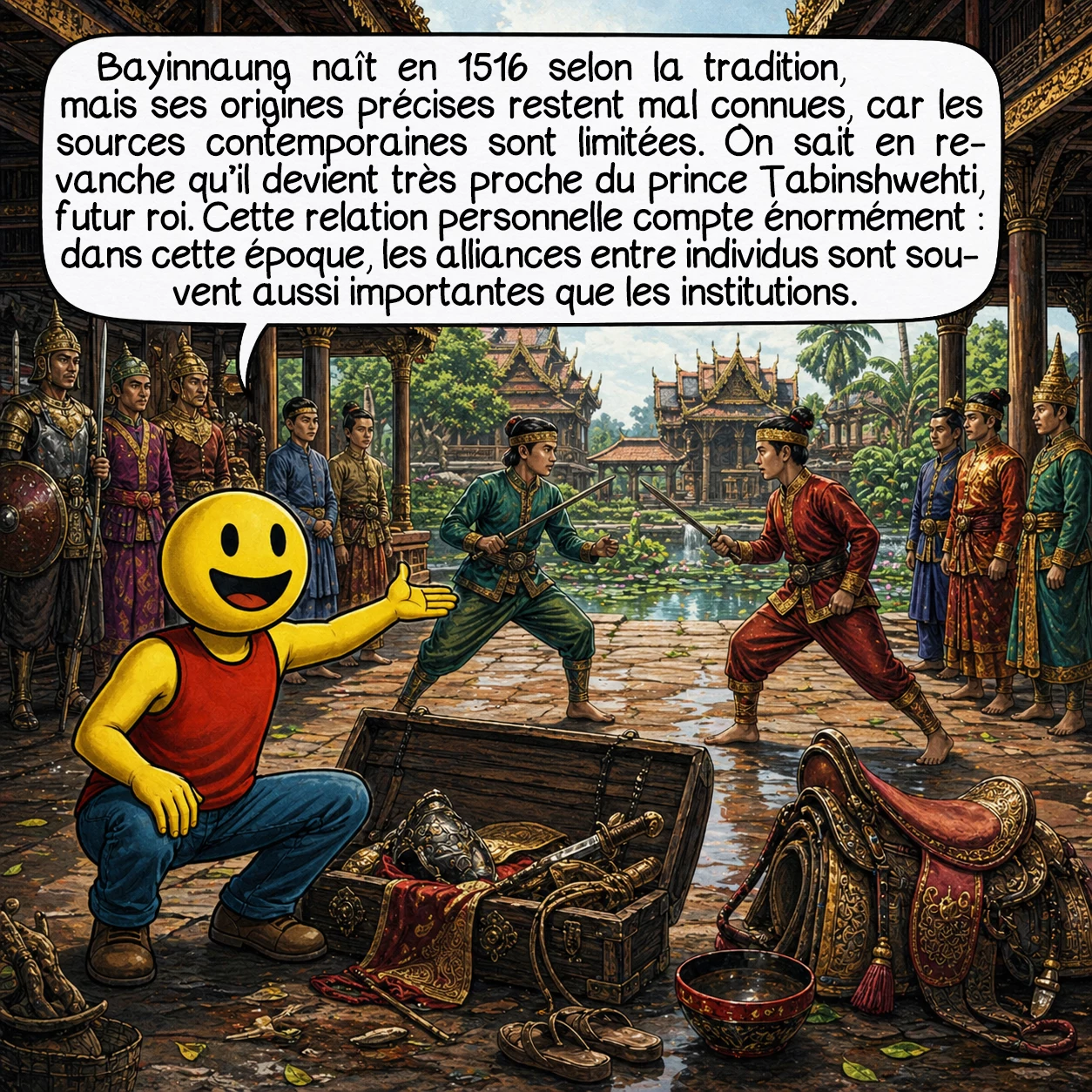 Bayinnaung, case 2 : Bayinnaung naît en 1516 selon la tradition, mais ses origines précises restent mal connues, car les sources contemporaines sont limitées. On sait en revanche qu’il devient très proche du prince Tabinshwehti, futur roi. Cette relation personnelle compte énormément : dans cette époque, les alliances entre individus sont souvent aussi importantes que les institutions.