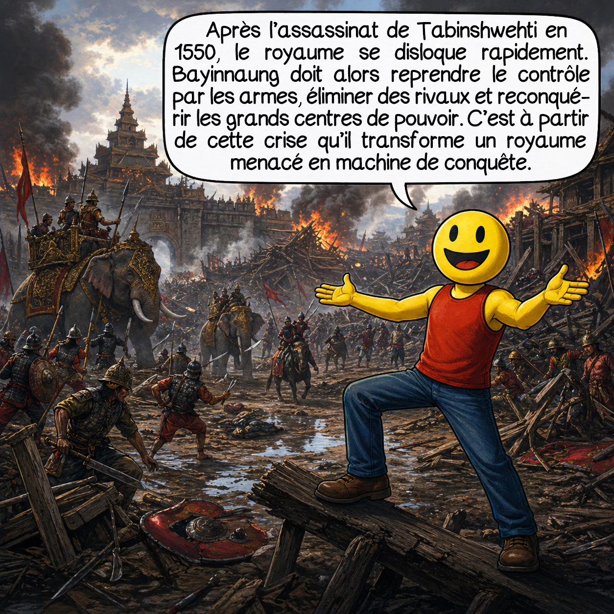 Bayinnaung, case 3 : Après l’assassinat de Tabinshwehti en 1550, le royaume se disloque rapidement. Bayinnaung doit alors reprendre le contrôle par les armes, éliminer des rivaux et reconquérir les grands centres de pouvoir. C’est à partir de cette crise qu’il transforme un royaume menacé en machine de conquête.