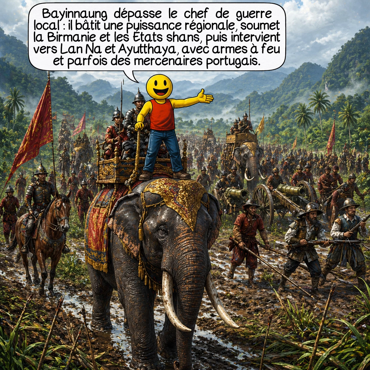 Bayinnaung, case 4 : Bayinnaung n’est pas seulement un chef de guerre local : il construit une puissance régionale. Il soumet la Birmanie centrale et méridionale, les États shans, puis intervient vers Lan Na et Ayutthaya. Ses armées utilisent aussi des armes à feu et de l’artillerie, parfois avec l’aide de mercenaires portugais.