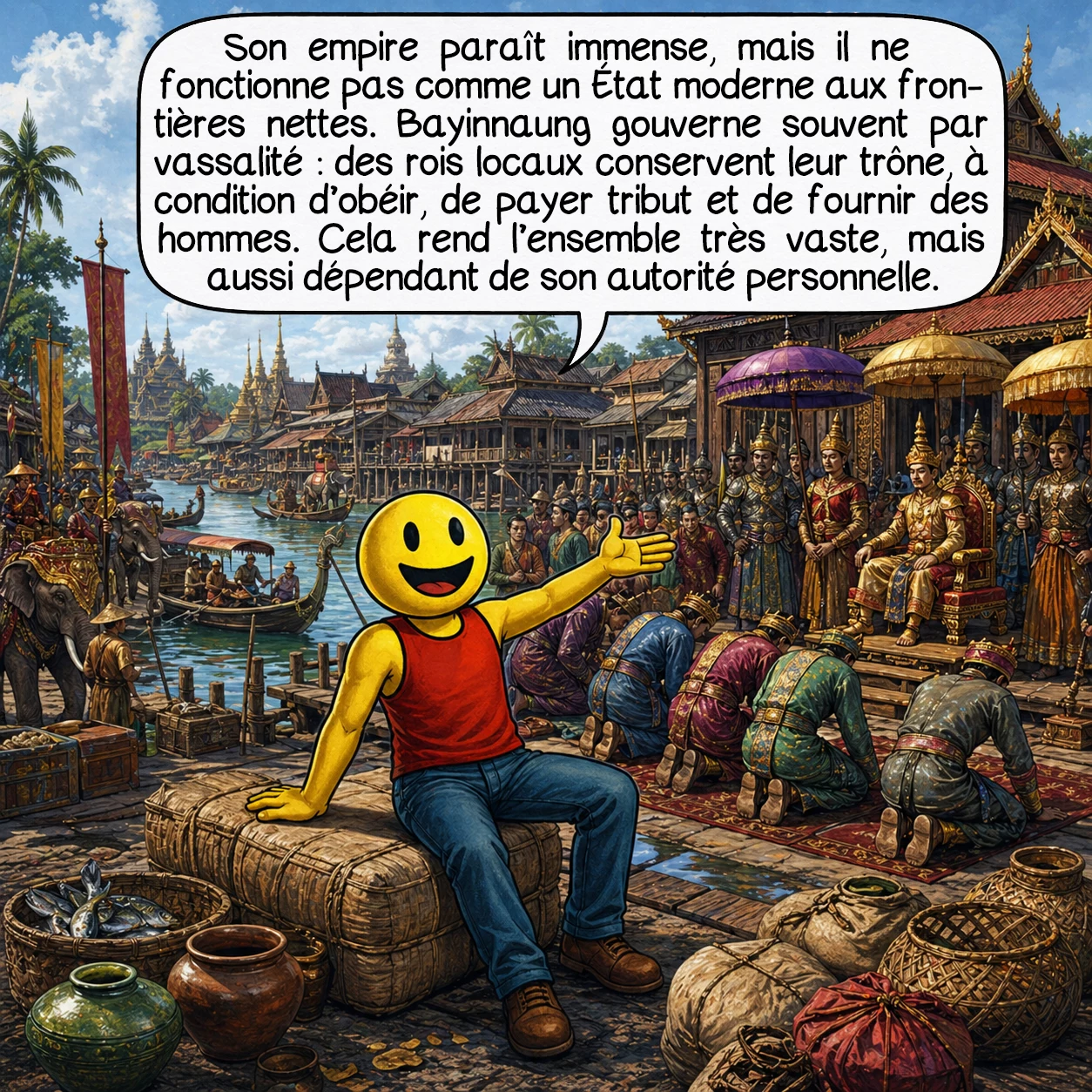 Bayinnaung, case 5 : Son empire paraît immense, mais il ne fonctionne pas comme un État moderne aux frontières nettes. Bayinnaung gouverne souvent par vassalité : des rois locaux conservent leur trône, à condition d’obéir, de payer tribut et de fournir des hommes. Cela rend l’ensemble très vaste, mais aussi dépendant de son autorité personnelle.