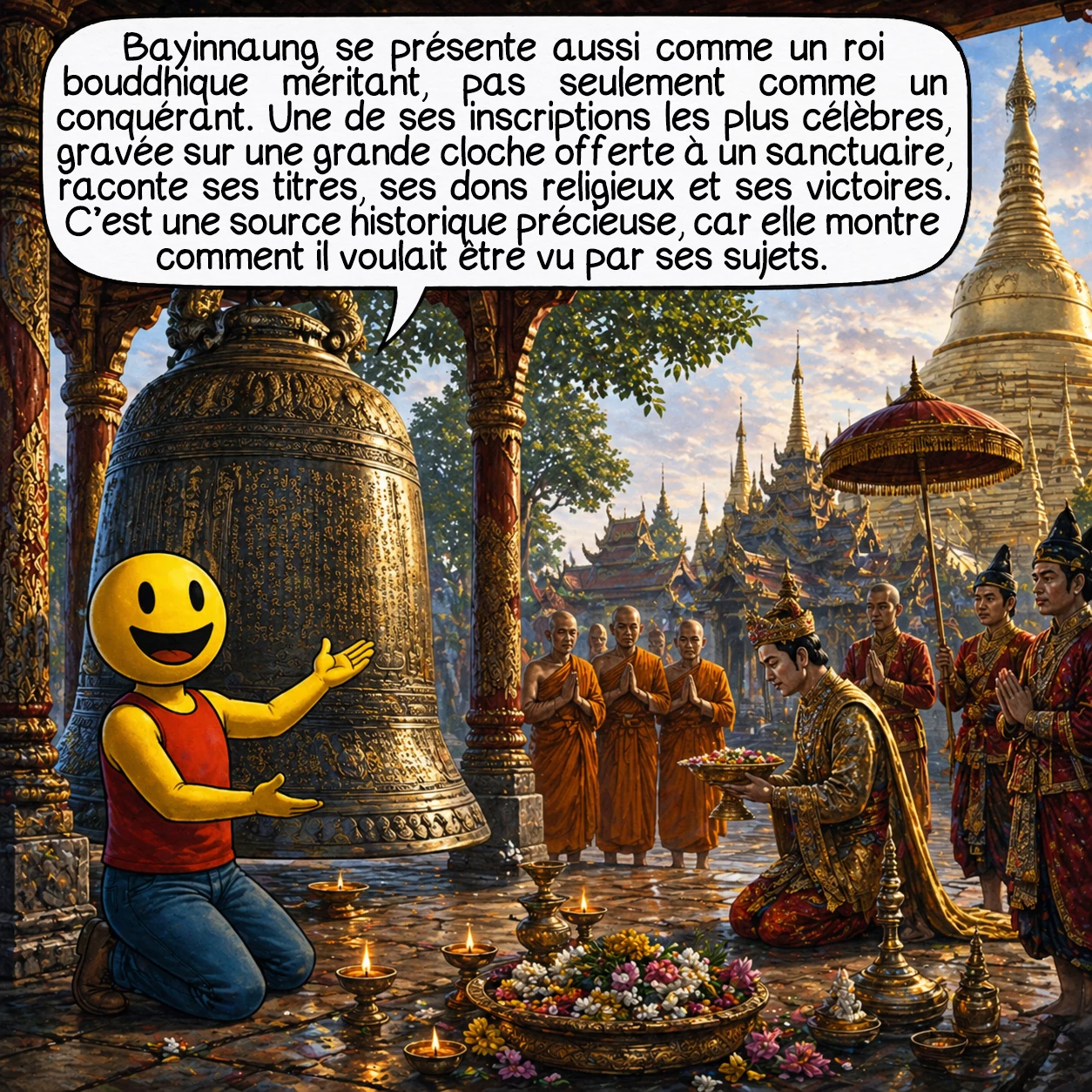 Bayinnaung, case 6 : Bayinnaung se présente aussi comme un roi bouddhique méritant, pas seulement comme un conquérant. Une de ses inscriptions les plus célèbres, gravée sur une grande cloche offerte à un sanctuaire, raconte ses titres, ses dons religieux et ses victoires. C’est une source historique précieuse, car elle montre comment il voulait être vu par ses sujets.