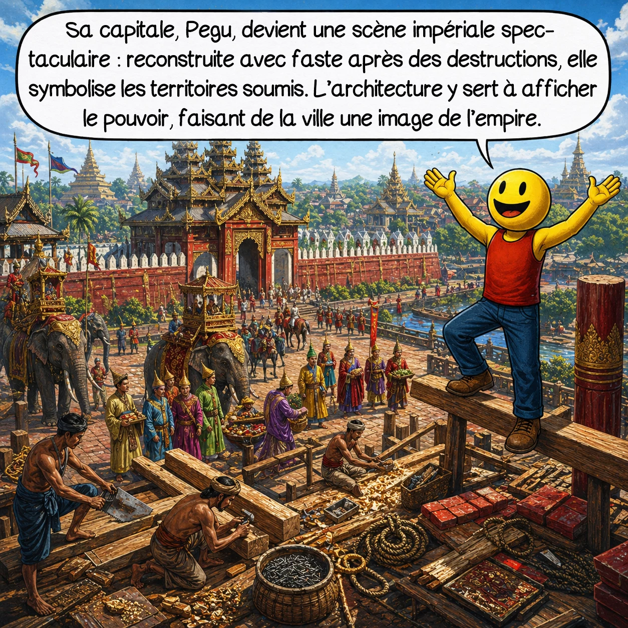 Bayinnaung, case 7 : Sa capitale de Pegu devient le théâtre d’une mise en scène impériale spectaculaire. Après des destructions, elle est reconstruite avec faste, et certaines traditions rapportent que ses portes symbolisent les territoires soumis. L’architecture sert donc aussi à montrer le pouvoir : la ville devient une image de l’empire.