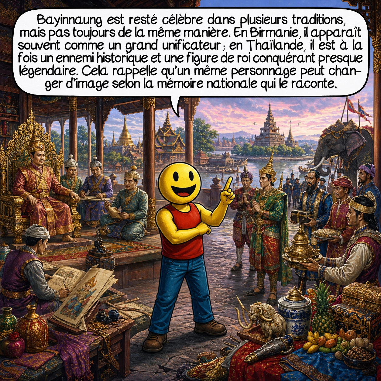Bayinnaung, case 8 : Bayinnaung est resté célèbre dans plusieurs traditions, mais pas toujours de la même manière. En Birmanie, il apparaît souvent comme un grand unificateur ; en Thaïlande, il est à la fois un ennemi historique et une figure de roi conquérant presque légendaire. Cela rappelle qu’un même personnage peut changer d’image selon la mémoire nationale qui le raconte.