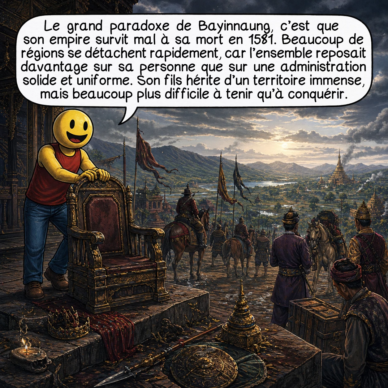 Bayinnaung, case 9 : Le grand paradoxe de Bayinnaung, c’est que son empire survit mal à sa mort en 1581. Beaucoup de régions se détachent rapidement, car l’ensemble reposait davantage sur sa personne que sur une administration solide et uniforme. Son fils hérite d’un territoire immense, mais beaucoup plus difficile à tenir qu’à conquérir.