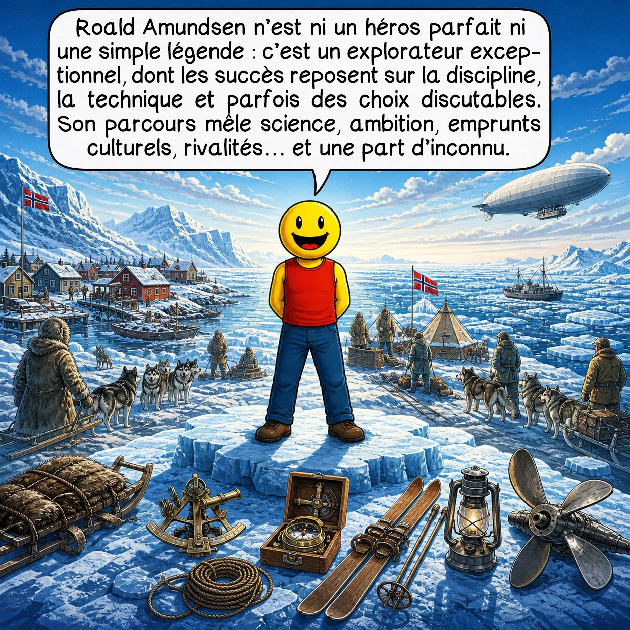 Roald Amundsen, case 10 : Roald Amundsen n’est ni un simple héros impeccable ni un aventurier de légende entouré de mystères sans fin. C’est un explorateur norvégien exceptionnel, dont les succès reposent sur la discipline, l’apprentissage, la technique et parfois des choix humains discutables. Son histoire rappelle que les grandes découvertes sont faites de science, d’ambition, d’emprunts culturels, de rivalités… et d’une part d’inconnu qui demeure.