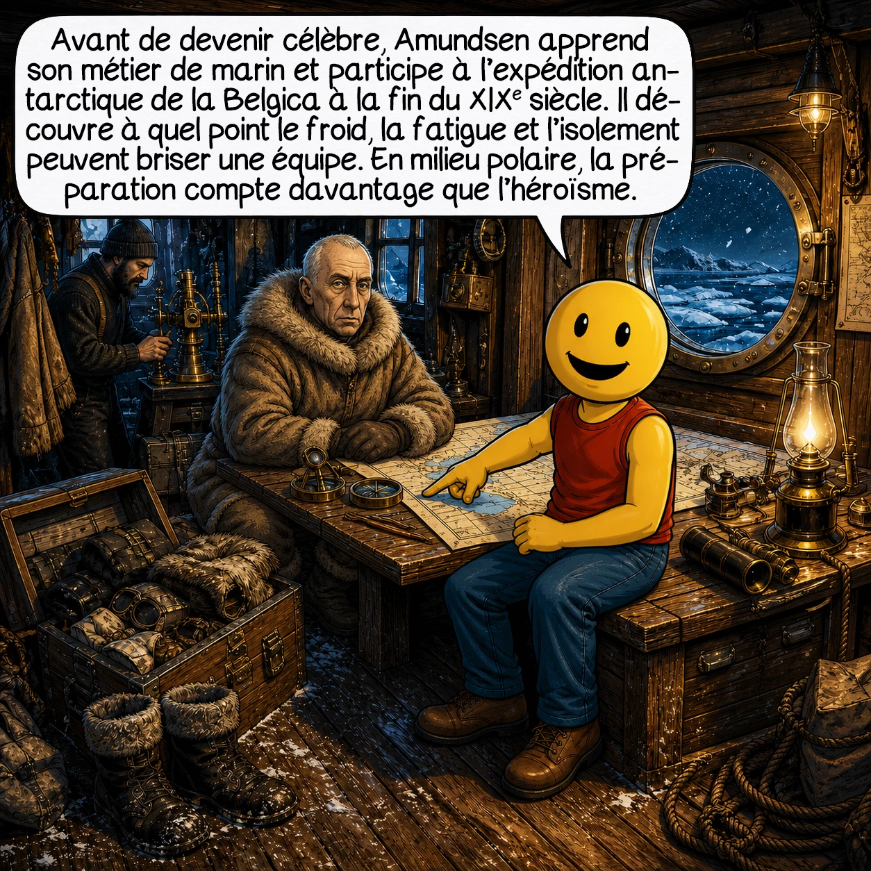 Roald Amundsen, case 2 : Avant de devenir célèbre, Amundsen apprend son métier de marin et participe à l’expédition antarctique de la Belgica à la fin du XIXe siècle. Cette expérience lui montre à quel point le froid, la fatigue et l’isolement peuvent briser une équipe. Très tôt, il comprend qu’en milieu polaire, la préparation compte davantage que l’héroïsme.