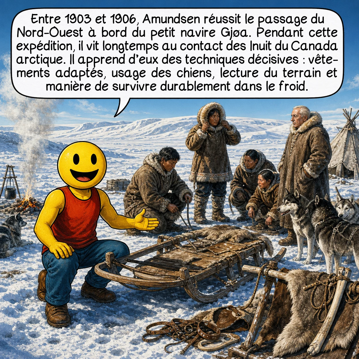 Roald Amundsen, case 3 : Entre 1903 et 1906, Amundsen réussit le passage du Nord-Ouest à bord du petit navire Gjøa. Pendant cette expédition, il vit longtemps au contact des Inuit du Canada arctique. Il apprend d’eux des techniques décisives : vêtements adaptés, usage des chiens, lecture du terrain et manière de survivre durablement dans le froid.