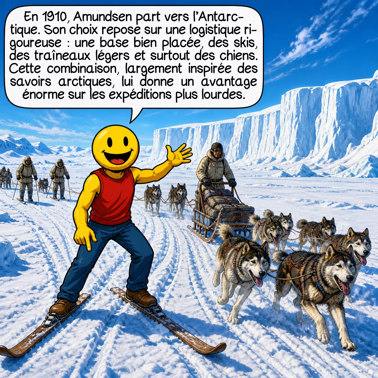 Roald Amundsen, case 4 : En 1910, Amundsen part vers l’Antarctique alors qu’il visait d’abord le pôle Nord. Son choix repose sur une logistique rigoureuse : une base bien placée, des skis, des traîneaux légers et surtout des chiens. Cette combinaison, largement inspirée des savoirs arctiques, lui donne un avantage énorme sur les expéditions plus lourdes.