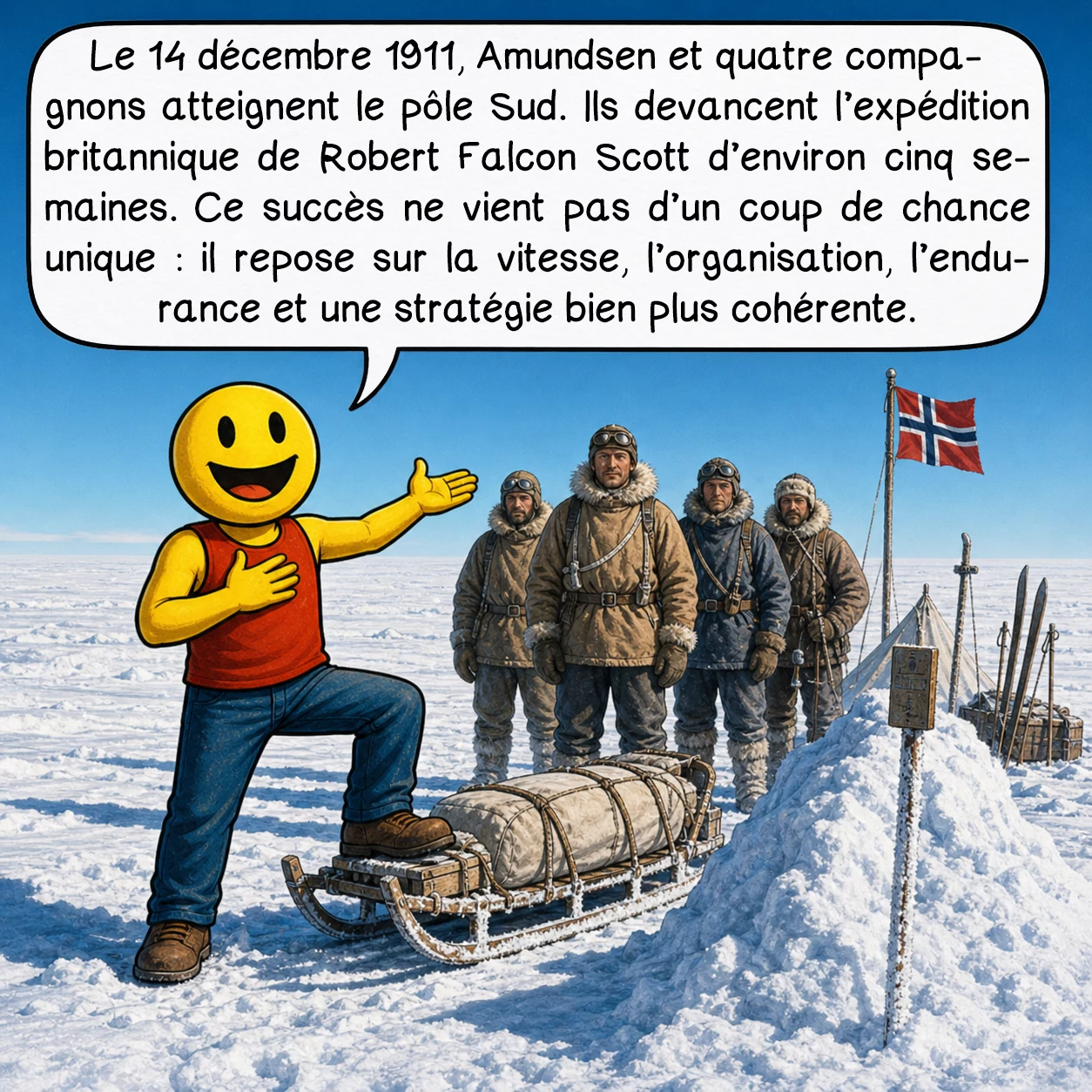 Roald Amundsen, case 5 : Le 14 décembre 1911, Amundsen et quatre compagnons atteignent le pôle Sud. Ils devancent l’expédition britannique de Robert Falcon Scott d’environ cinq semaines. Ce succès ne vient pas d’un coup de chance unique : il repose sur la vitesse, l’organisation, l’endurance et une stratégie bien plus cohérente.