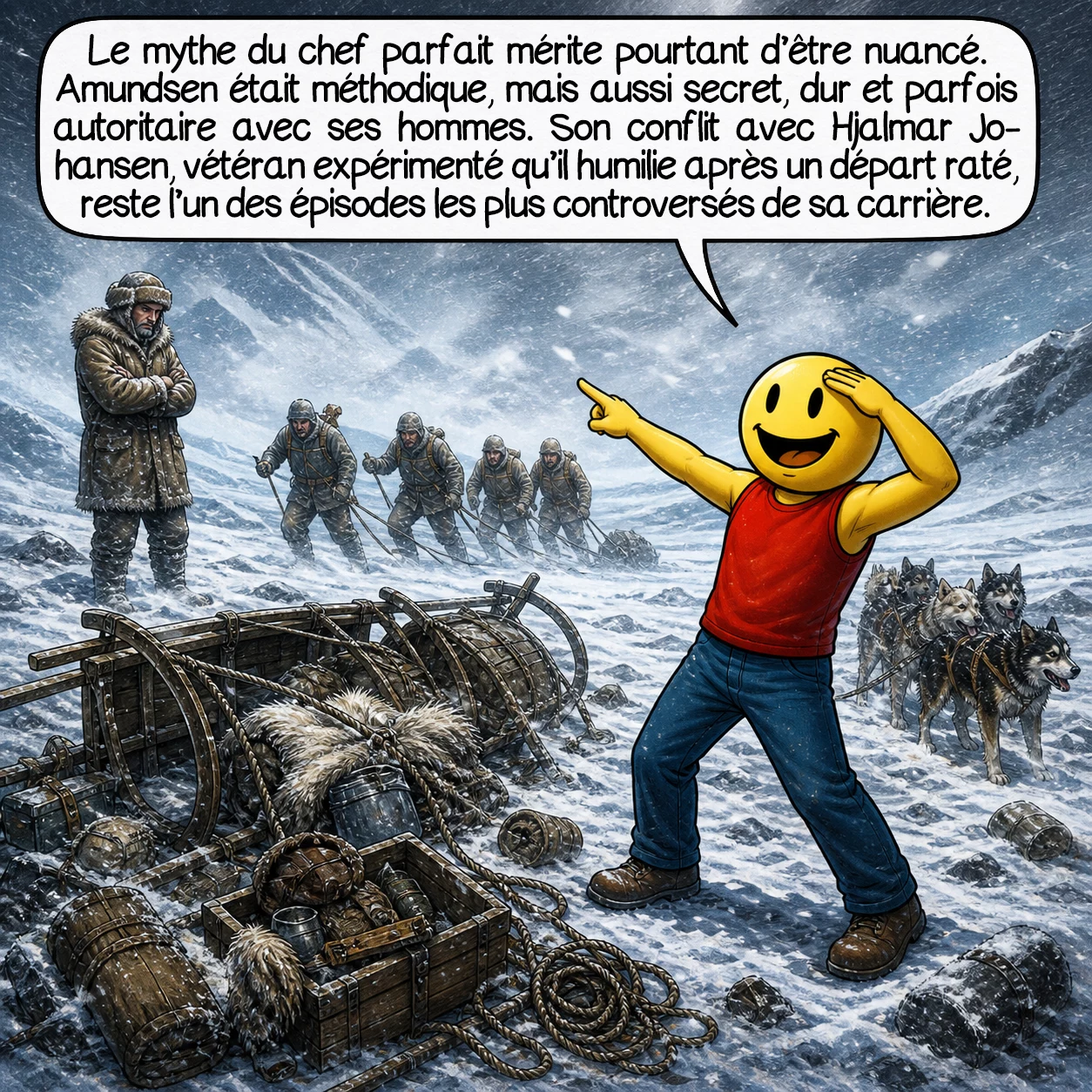 Roald Amundsen, case 6 : Le mythe du chef parfait mérite pourtant d’être nuancé. Amundsen était méthodique, mais aussi secret, dur et parfois autoritaire avec ses hommes. Son conflit avec Hjalmar Johansen, vétéran expérimenté qu’il humilie après un départ raté, reste l’un des épisodes les plus controversés de sa carrière.