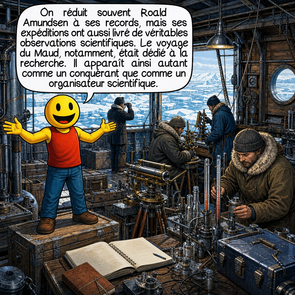 Roald Amundsen, case 7 : On réduit souvent Amundsen à une collection de records, mais ses expéditions ont aussi produit de vraies observations scientifiques, notamment en météorologie, océanographie et géomagnétisme. Son voyage avec le navire Maud, beaucoup moins connu, visait largement la recherche. Il faut donc le voir à la fois comme un conquérant polaire et comme un organisateur d’expéditions scientifiques.