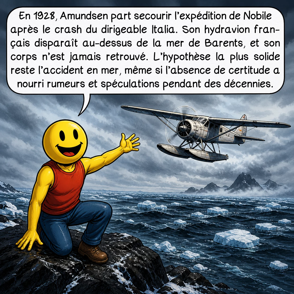 Roald Amundsen, case 9 : En 1928, Amundsen part secourir l’expédition de Nobile après le crash du dirigeable Italia. Son hydravion français disparaît au-dessus de la mer de Barents, et son corps n’est jamais retrouvé. L’hypothèse la plus solide reste l’accident en mer, même si l’absence de certitude a nourri rumeurs et spéculations pendant des décennies.