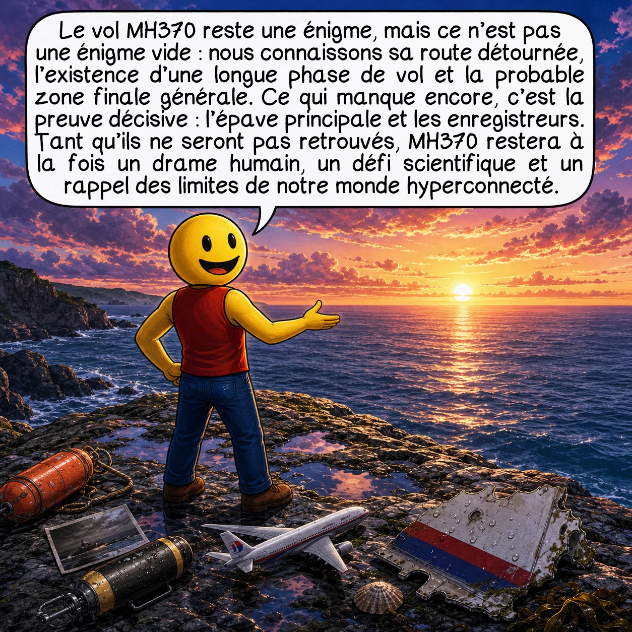 Le vol Malaysia Airlines 370, case 10 : Le vol MH370 reste une énigme, mais ce n’est pas une énigme vide : nous connaissons sa route détournée, l’existence d’une longue phase de vol et la probable zone finale générale. Ce qui manque encore, c’est la preuve décisive : l’épave principale et les enregistreurs. Tant qu’ils ne seront pas retrouvés, MH370 restera à la fois un drame humain, un défi scientifique et un rappel des limites de notre monde hyperconnecté.