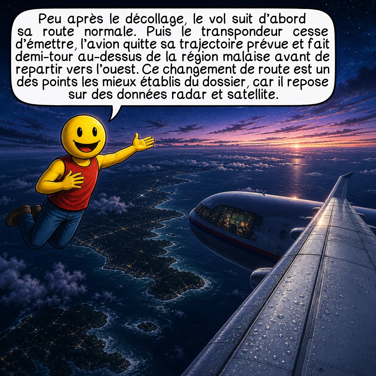 Le vol Malaysia Airlines 370, case 2 : Peu après le décollage, le vol suit d’abord sa route normale. Puis le transpondeur cesse d’émettre, l’avion quitte sa trajectoire prévue et fait demi-tour au-dessus de la région malaise avant de repartir vers l’ouest. Ce changement de route est un des points les mieux établis du dossier, car il repose sur des données radar et satellite.