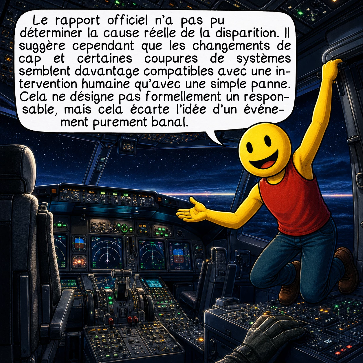 Le vol Malaysia Airlines 370, case 7 : Le rapport officiel n’a pas pu déterminer la cause réelle de la disparition. Il suggère cependant que les changements de cap et certaines coupures de systèmes semblent davantage compatibles avec une intervention humaine qu’avec une simple panne. Cela ne désigne pas formellement un responsable, mais cela écarte l’idée d’un événement purement banal.