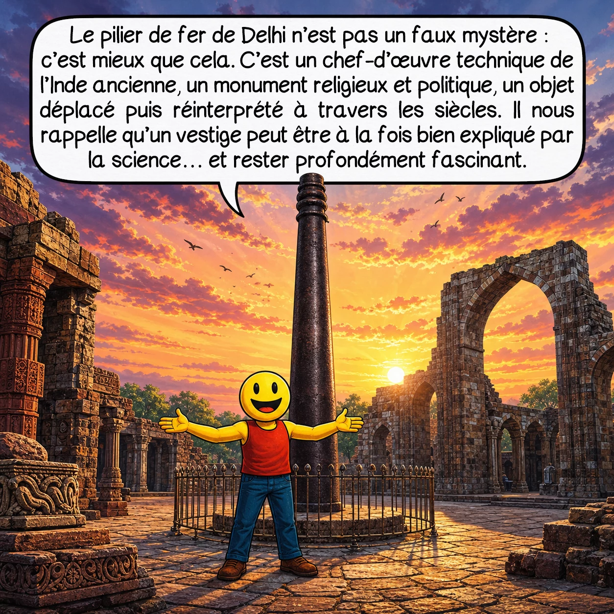 Le pilier de fer de Delhi, case 10 : Le pilier de fer de Delhi n’est pas un faux mystère : c’est mieux que cela. C’est un chef-d’œuvre technique de l’Inde ancienne, un monument religieux et politique, un objet déplacé puis réinterprété à travers les siècles. Il nous rappelle qu’un vestige peut être à la fois bien expliqué par la science… et rester profondément fascinant.