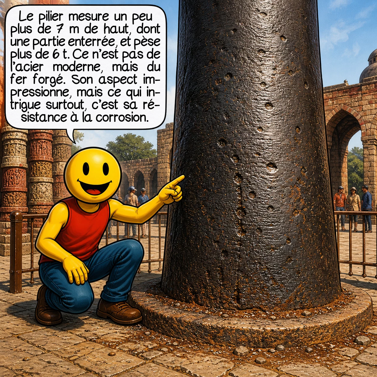 Le pilier de fer de Delhi, case 2 : Le pilier mesure un peu plus de sept mètres de haut, dont une partie enterrée, et pèse plus de six tonnes. Ce n’est pas de l’acier moderne, mais du fer forgé ancien. Son aspect impressionne déjà, mais ce qui intrigue surtout, c’est sa remarquable résistance à la corrosion.