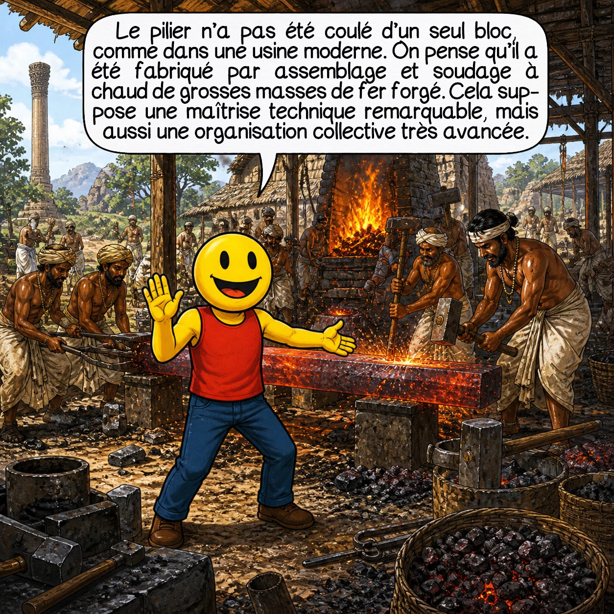 Le pilier de fer de Delhi, case 3 : Le pilier n’a pas été coulé d’un seul bloc, comme dans une usine moderne. Les spécialistes pensent qu’il a été fabriqué par assemblage et soudage à chaud de grosses masses de fer forgé. Cela suppose une maîtrise technique remarquable, mais aussi une organisation collective très avancée.