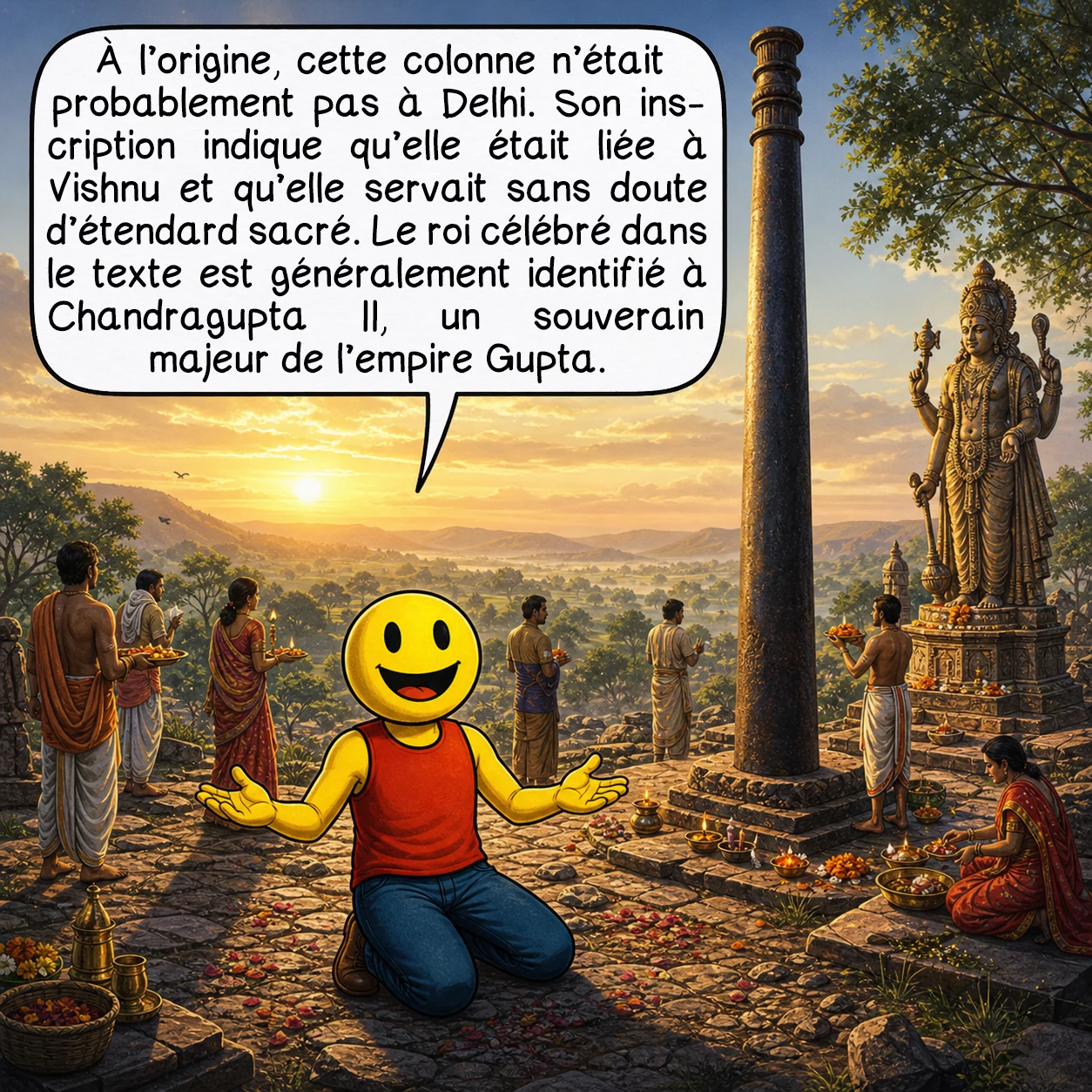 Le pilier de fer de Delhi, case 4 : À l’origine, cette colonne n’était probablement pas à Delhi. Son inscription indique qu’elle était liée à Vishnu et qu’elle servait sans doute d’étendard sacré. Le roi célébré dans le texte est généralement identifié à Chandragupta II, un souverain majeur de l’empire Gupta.