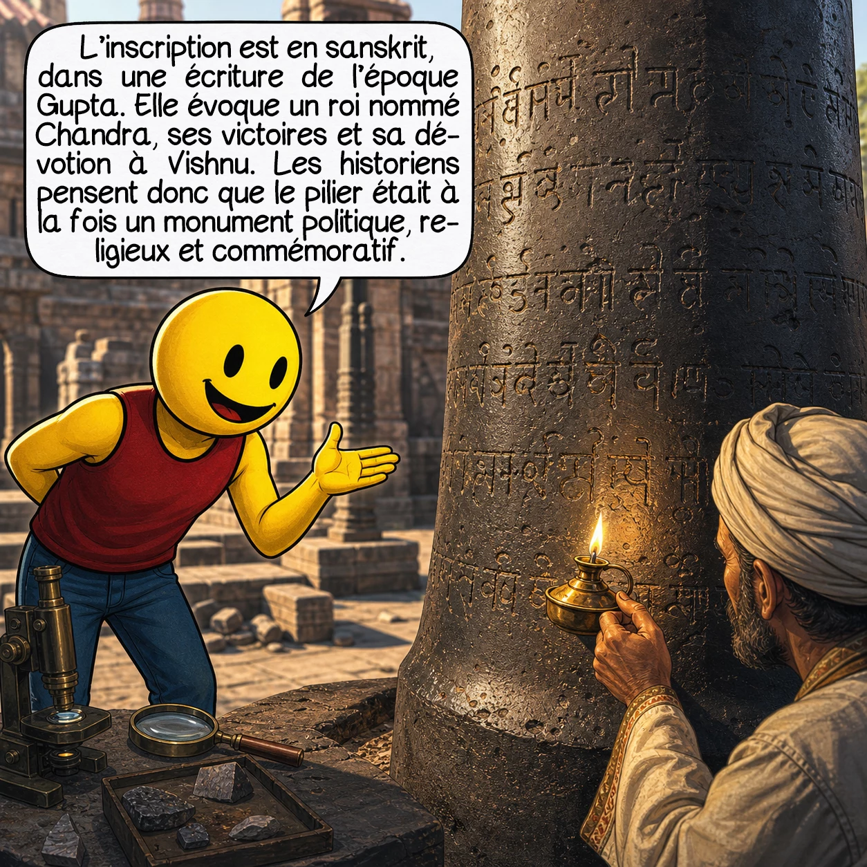 Le pilier de fer de Delhi, case 5 : L’inscription est en sanskrit, dans une écriture de l’époque Gupta. Elle évoque un roi nommé Chandra, ses victoires et sa dévotion à Vishnu. Les historiens pensent donc que le pilier était à la fois un monument politique, religieux et commémoratif.