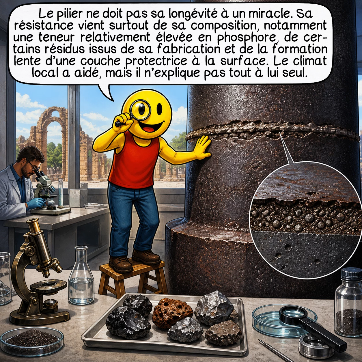 Le pilier de fer de Delhi, case 6 : Le pilier ne doit pas sa longévité à un miracle. Sa résistance vient surtout de sa composition, notamment une teneur relativement élevée en phosphore, de ses inclusions de laitier et de la formation lente d’une couche protectrice à la surface. Le climat local a aidé, mais il n’explique pas tout à lui seul.