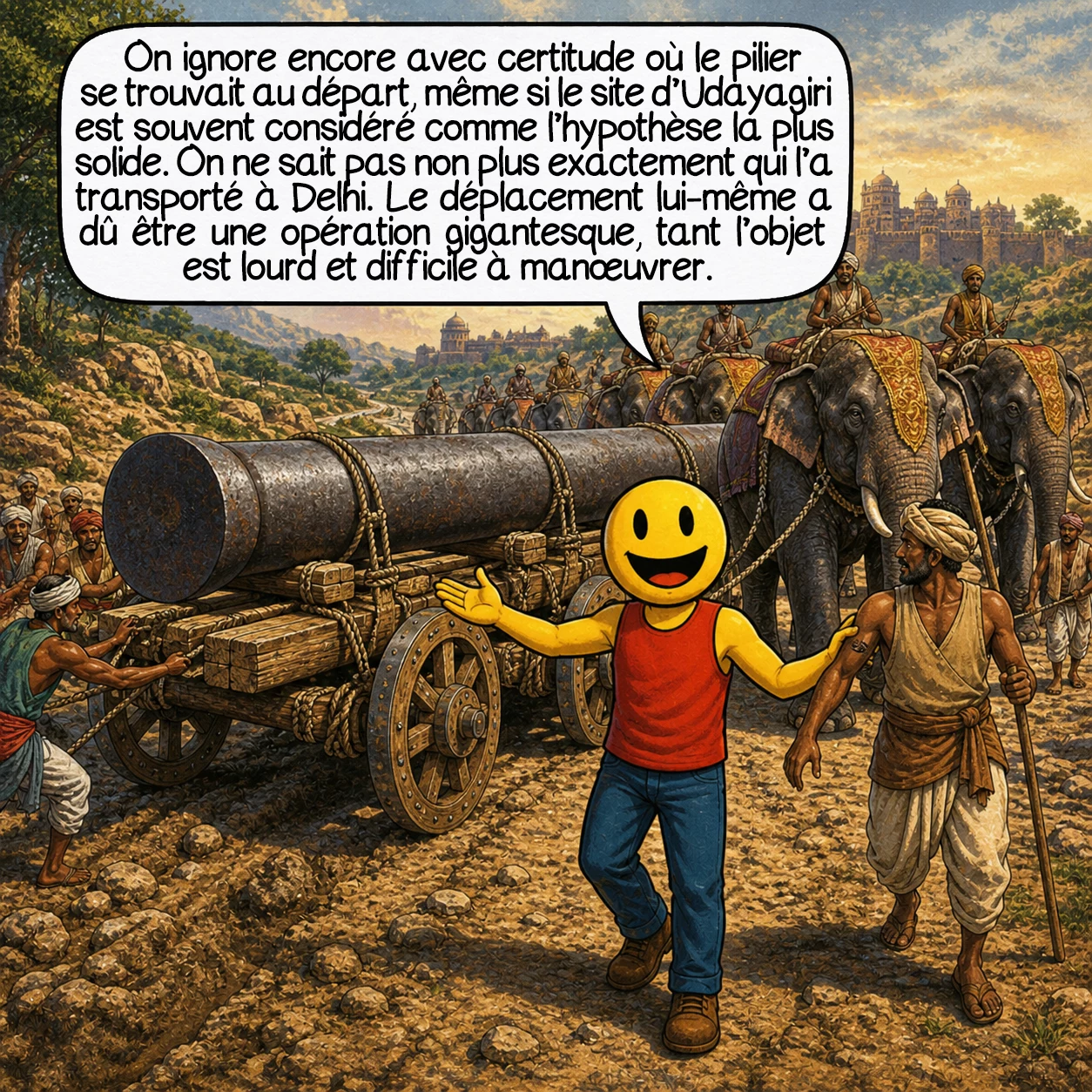 Le pilier de fer de Delhi, case 7 : On ignore encore avec certitude où le pilier se trouvait au départ, même si le site d’Udayagiri est souvent considéré comme l’hypothèse la plus solide. On ne sait pas non plus exactement qui l’a transporté à Delhi. Le déplacement lui-même a dû être une opération gigantesque, tant l’objet est lourd et difficile à manœuvrer.