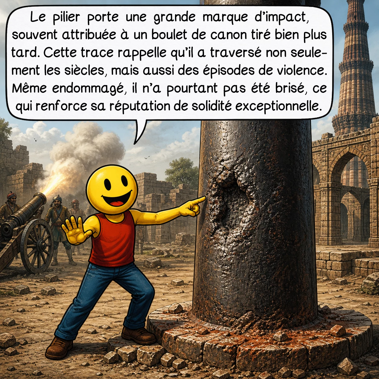 Le pilier de fer de Delhi, case 8 : Le pilier porte une grande marque d’impact, souvent attribuée à un boulet de canon tiré bien plus tard. Cette trace rappelle qu’il a traversé non seulement les siècles, mais aussi des épisodes de violence. Même endommagé, il n’a pourtant pas été brisé, ce qui renforce sa réputation de solidité exceptionnelle.