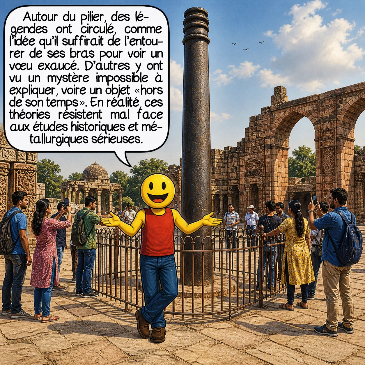 Le pilier de fer de Delhi, case 9 : Autour du pilier, des légendes ont circulé, comme l’idée qu’il suffirait de l’entourer de ses bras pour voir un vœu exaucé. D’autres y ont vu un mystère impossible à expliquer, voire un objet « hors de son temps ». En réalité, les théories extraordinaires résistent mal face aux études historiques et métallurgiques sérieuses.