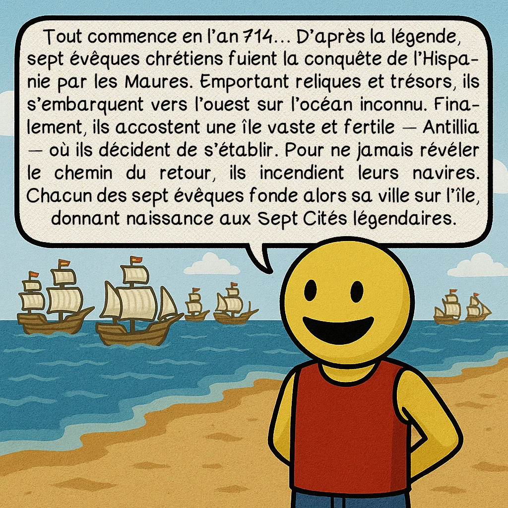Antillia, case 2 : Tout commence en l’an 714… D’après la légende, sept évêques chrétiens fuient la conquête de l’Hispanie par les Maures. Emportant reliques et trésors, ils s’embarquent vers l’ouest sur l’océan inconnu. Finalement, ils accostent une île vaste et fertile — Antillia — où ils décident de s’établie. Pour ne jamais révéler le chemin du retour, ils incendient leurs navires. Chacun des sept évêques fonde alors sa ville sur l’île, donnant naissance aux Sept Cités légendaires.