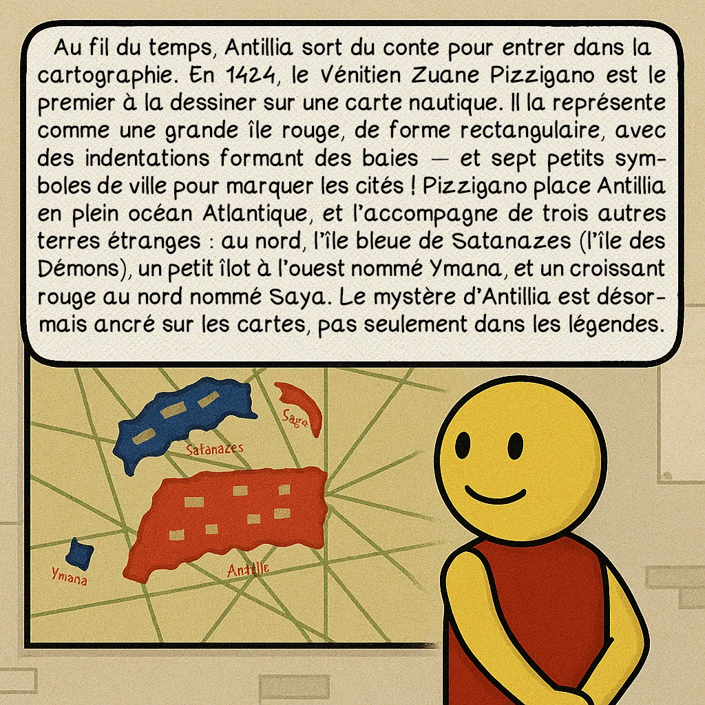Antillia, case 3 : Au fil du temps, Antillia sort du conte pour entrer dans la cartographie. En 1424, le Vénitien Zuane Pizzigano est le premier à la dessiner sur une carte nautique. Il la représente comme une grande île rouge, de forme rectangulaire, avec des indentations formant des baies — et sept petits symboles de ville pour marquer les cités ! Pizzigano place Antilla en plein océan Atlantique, et l’accompagne de trois autres terres étranges : au nord, l’île bleue de Satanazes (l’île des Démons), un petit îlot à l’ouest nommé Ymana, et un croissant rouge au nord nommé Saya. Le mystère d’Antilla est désormais ancré sur les cartes, pas seulement dans les légendes.