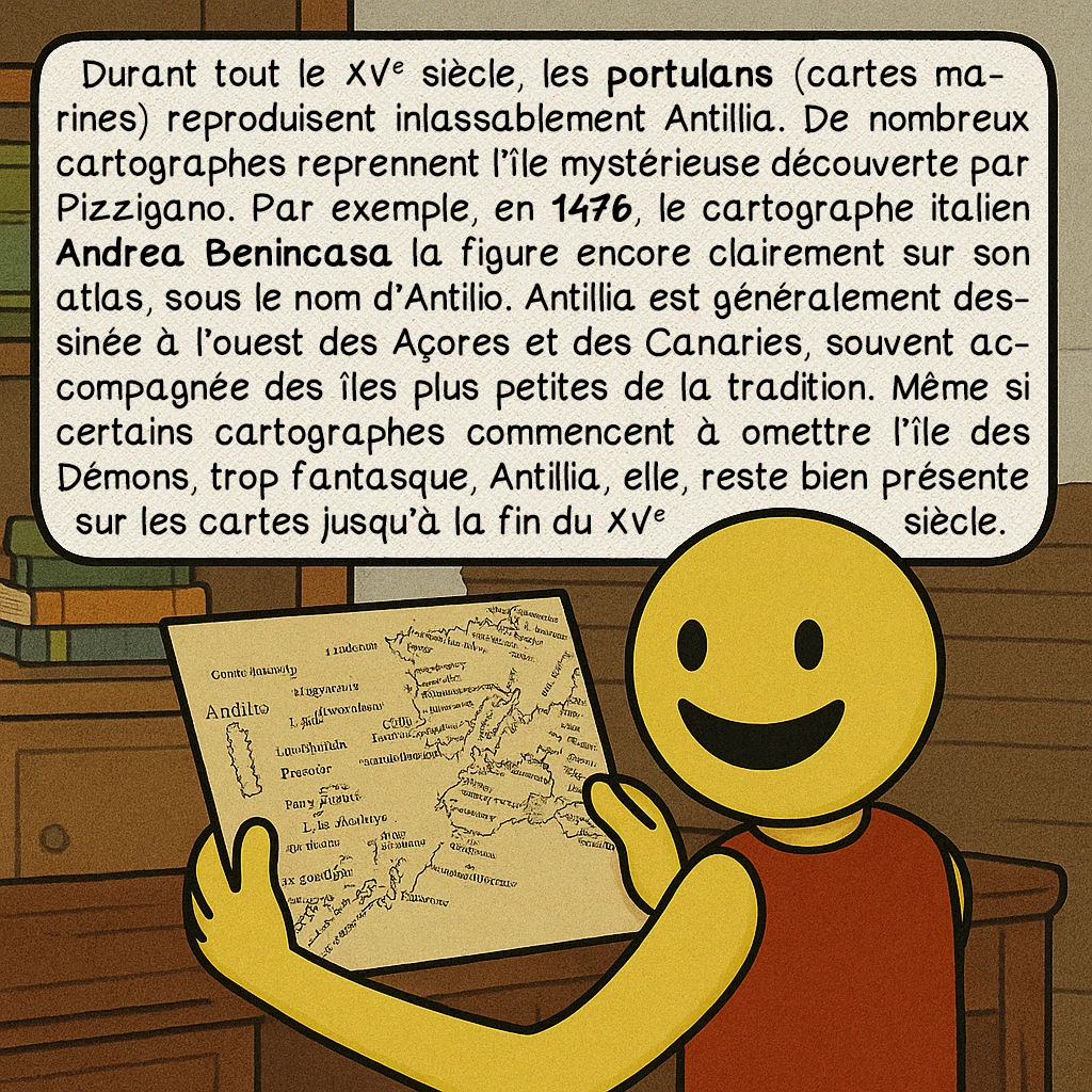 Antillia, case 4 : — Les calendriers des étoiles
Durant tout le XVe siècle, les portulans (cartes marines) reproduisent inlassablement Antillia. De nombreux cartographes reprennent l’île mystérieuse découverte par Pizzigano. Par exemple, en 1476, le cartographe italien Andrea Benincase la figure encore clairement sur son atlas, sous le nom d’Antilio. Antillia est généralement dessinée à l’ouest des Açores et des Canaries, souvent accompagnée des îles plus petites de la tradition. Même si certains cartographes commencent à omettre l’île des Démons, trop fantasque, Antillia, elle, reste bien présente sur les cartes jusqu’à la fin du XVe siècle.