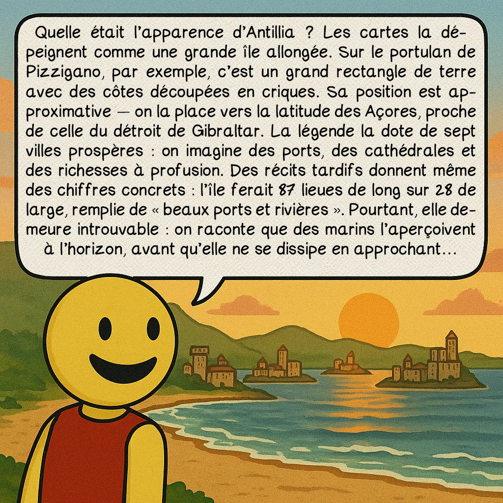 Antillia, case 5 : Quelle était l’apparence d’Antillia ? Les cartes la dépeignent comme une grande île allongée. Sur le portulan de Pizzigano, par exemple, c’est un grand rectangle de terre avec des côtes découpées en criques. Sa position est approximative — on la place vers la latitude des Açores, proche de celle du détroit de Gibraltar. La légende la dote de sept villes prospères : on imagine des ports, des cathédrales et des richesses à profusion. Des récits tardifs donnent même des chiffres concrets : l’île ferait 87 lieues de long sur 28 de large, remplie de « beaux ports et rivières ». Pourtant, elle demeure introuvable : on raconte que des marins l’aperçoivent à l’horizon, avant qu’elle ne se dissipe en approchant.