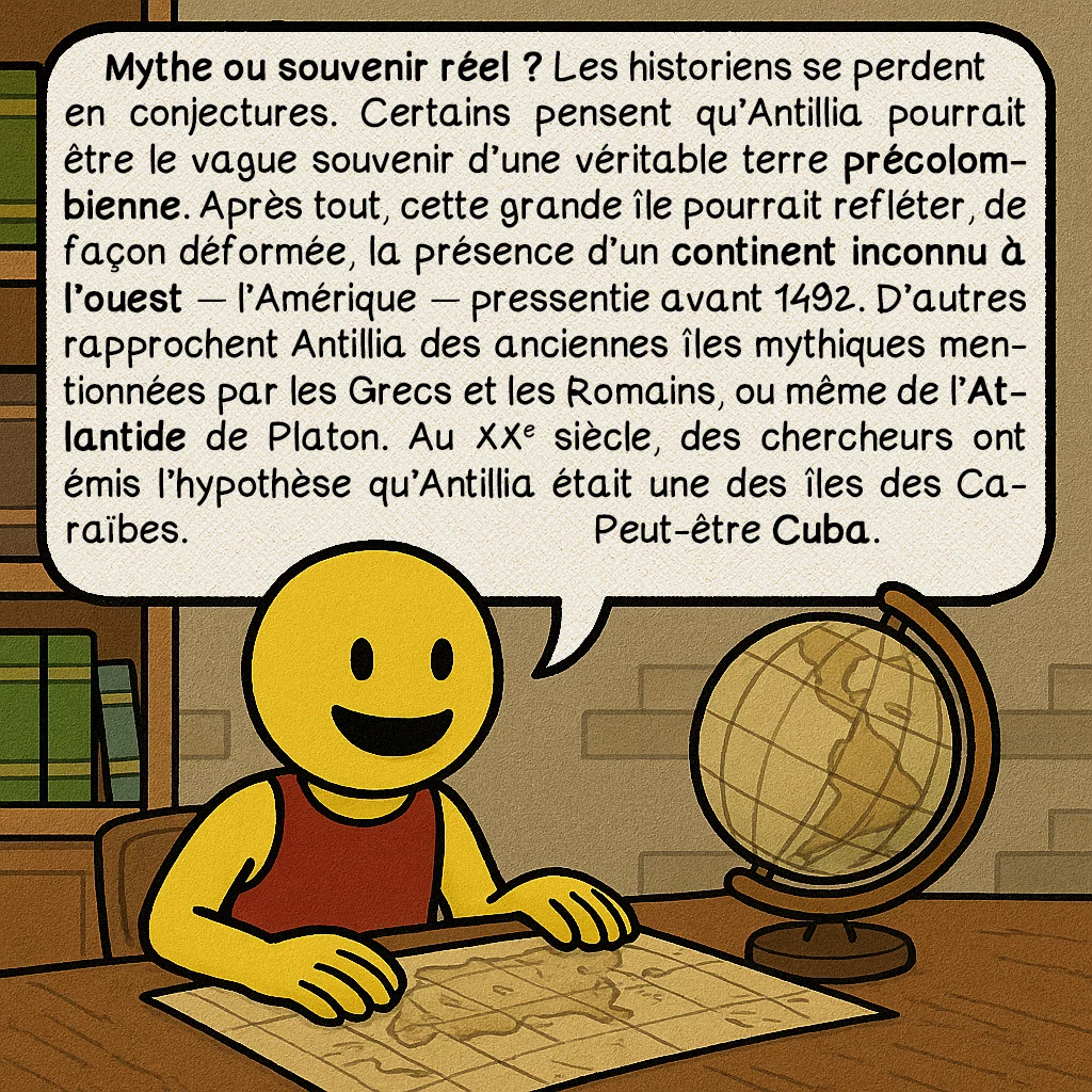 Antillia, case 7 : Mythe ou souvenir réel ? Les historiens se perdent en conjectures. Certains pensent qu’Antillia pourrait être le vague souvenir d’une véritable terre précolombienne. Après tout, cette grande île pourrait refléter, de façon déformée, la présence d’un continent inconnu à l’ouest — l’Amérique — pressentie avant 1492. D’autres rapprochent Antillia des anciennes îles mythiques mentionnées par les Grecs et les Romains, ou même de l’Atlantide de Platon. Au XXe siècle, des chercheurs ont émis l’hypothèse qu’Antillia était une des îles des Caraïbes. Peut-être Cuba.