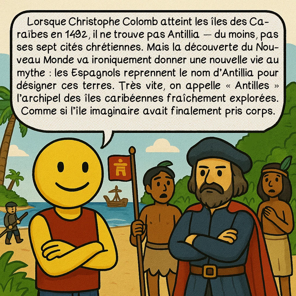 Antillia, case 8 : Lorsque Christophe Colomb atteint les îles des Caraïbes en 1492, il ne trouve pas Antillia — du moins, pas ses sept cités chrétiennes. Mais la découverte du Nouveau Monde va ironiquement donner une nouvelle vie au mythe : les Espagnols reprennent le nom d’Antillia pour désigner ces terres. Très vite, on appelle « Antilles » l’archipel des îles caribéennes fraîchement explorées. Comme si l’île imaginaire avait finalement pris corps.