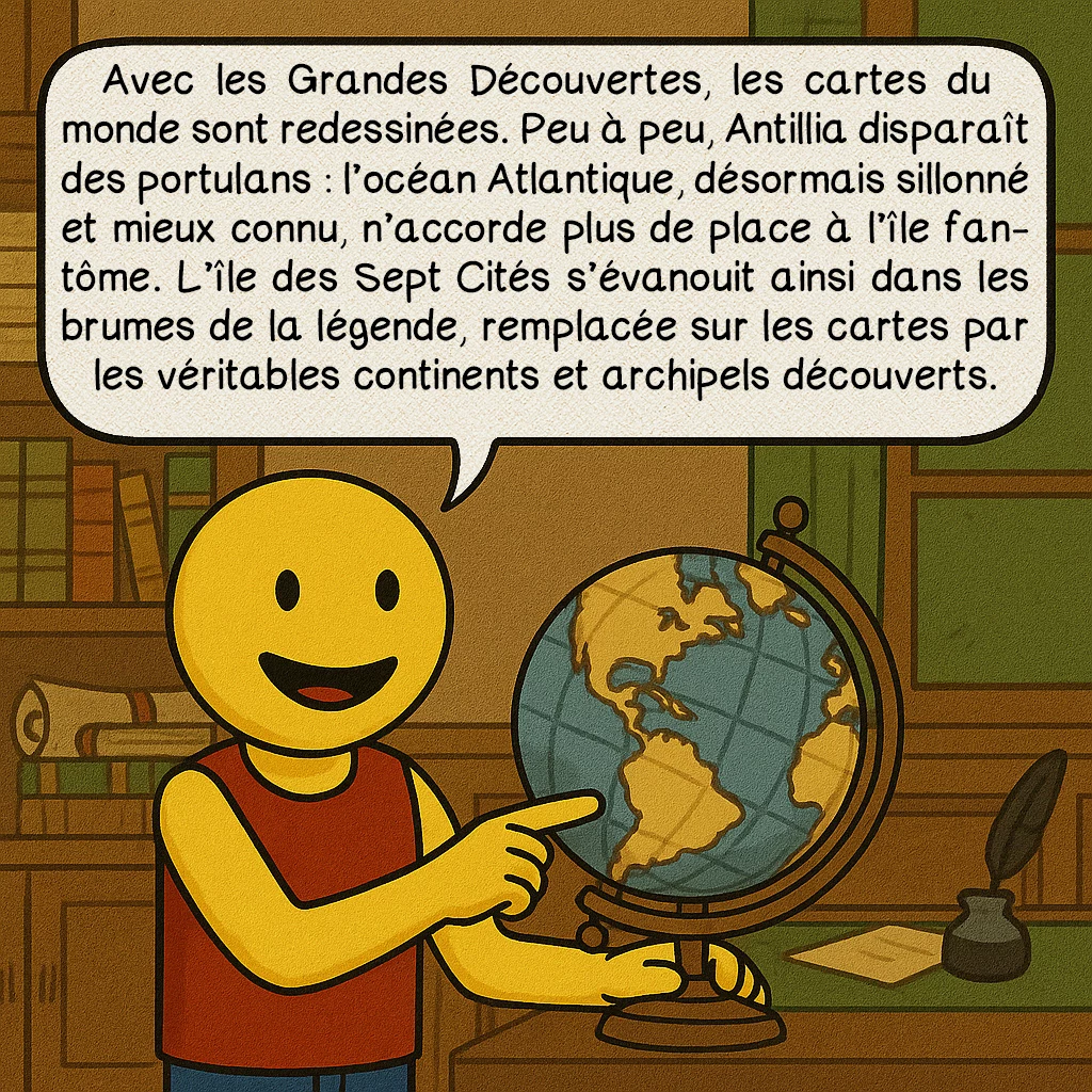 Antillia, case 9 : Avec les Grandes Découvertes, les cartes du monde sont redessinées. Peu à peu, Antillia disparaît des portulans : l’océan Atlantique, désormais sillonné et mieux connu, n’accorde plus de place à l’île fantôme. L’île des Sept Cités s’évanouit ainsi dans les brumes de la légende, remplacée sur les cartes par les véritables continents et archipels découverts.