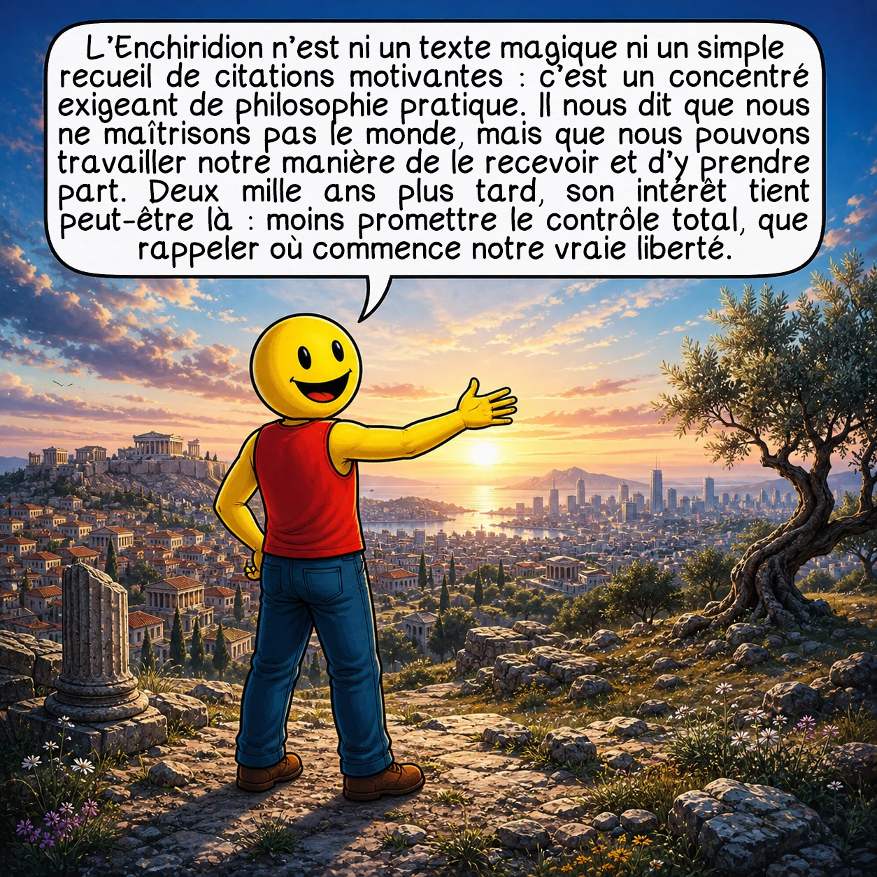 L'Enchiridion d’Épictète, case 10 : L’Enchiridion n’est ni un texte magique ni un simple recueil de citations motivantes : c’est un concentré exigeant de philosophie pratique. Il nous dit que nous ne maîtrisons pas le monde, mais que nous pouvons travailler notre manière de le recevoir et d’y prendre part. Deux mille ans plus tard, son intérêt tient peut-être là : moins promettre le contrôle total, que rappeler où commence notre vraie liberté.