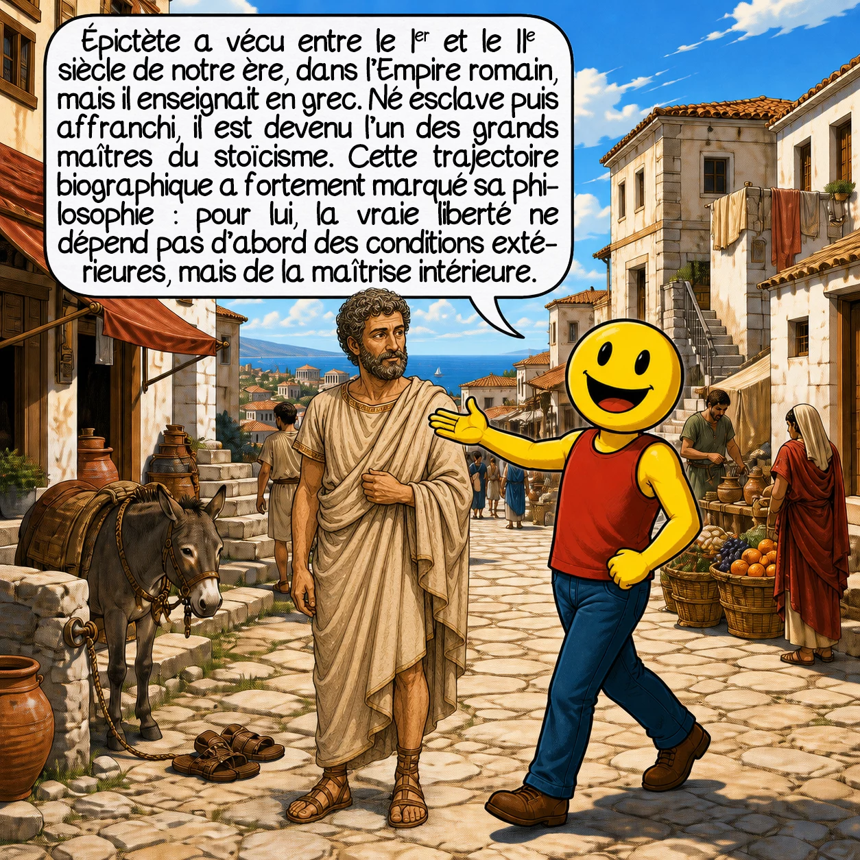 L'Enchiridion d’Épictète, case 2 : Épictète a vécu entre le Ier et le IIe siècle de notre ère, dans l’Empire romain, mais il enseignait en grec. Né esclave puis affranchi, il est devenu l’un des grands maîtres du stoïcisme. Cette trajectoire biographique a fortement marqué sa philosophie : pour lui, la vraie liberté ne dépend pas d’abord des conditions extérieures, mais de la maîtrise intérieure.