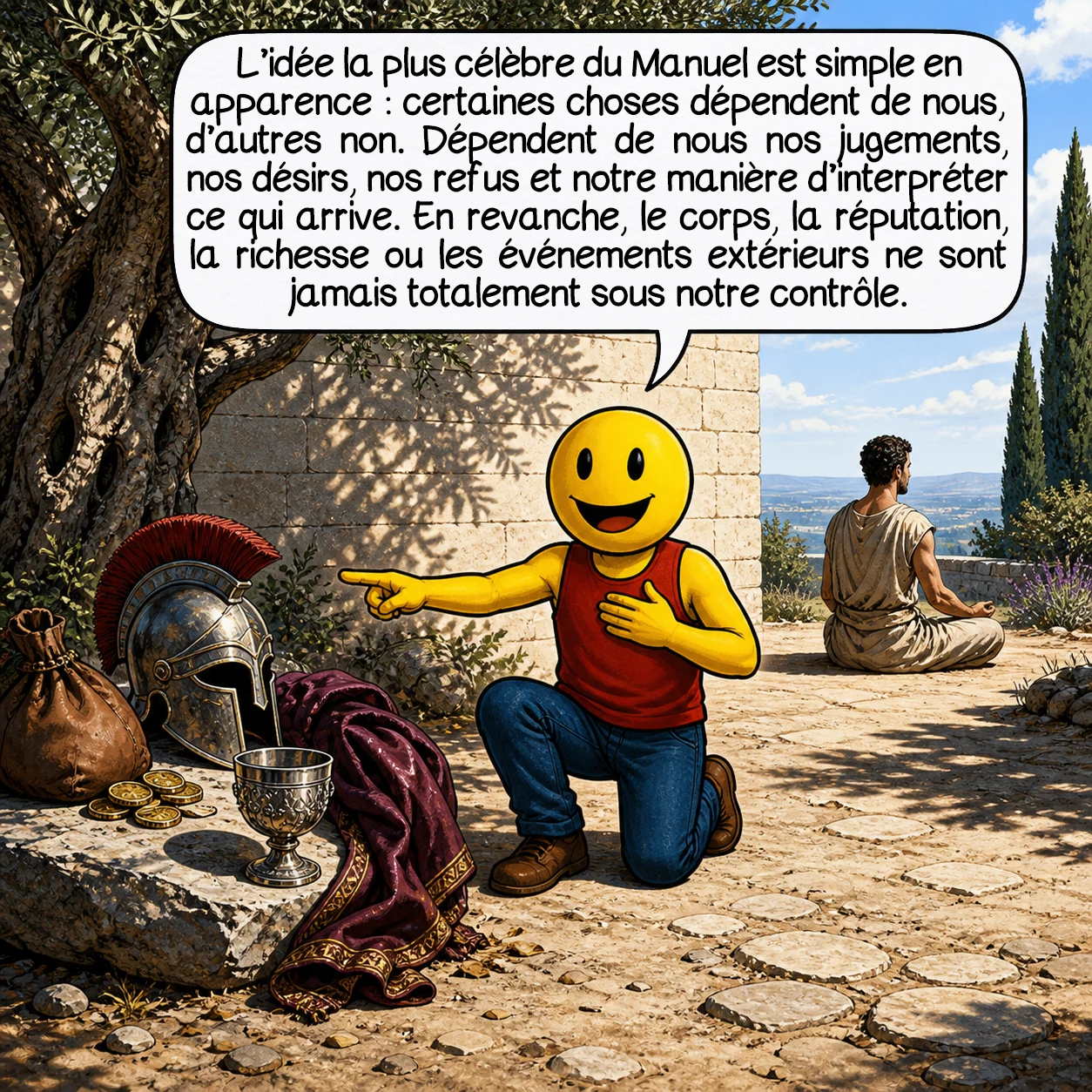 L'Enchiridion d’Épictète, case 4 : L’idée la plus célèbre du Manuel est simple en apparence : certaines choses dépendent de nous, d’autres non. Dépendent de nous nos jugements, nos désirs, nos refus et notre manière d’interpréter ce qui arrive. En revanche, le corps, la réputation, la richesse ou les événements extérieurs ne sont jamais totalement sous notre contrôle.