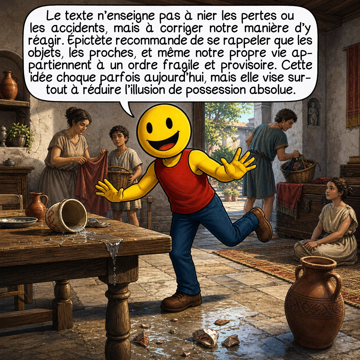 L'Enchiridion d’Épictète, case 5 : Le texte n’enseigne pas à nier les pertes ou les accidents, mais à corriger notre manière d’y réagir. Épictète recommande de se rappeler que les objets, les proches, et même notre propre vie appartiennent à un ordre fragile et provisoire. Cette idée choque parfois aujourd’hui, mais elle vise surtout à réduire l’illusion de possession absolue.