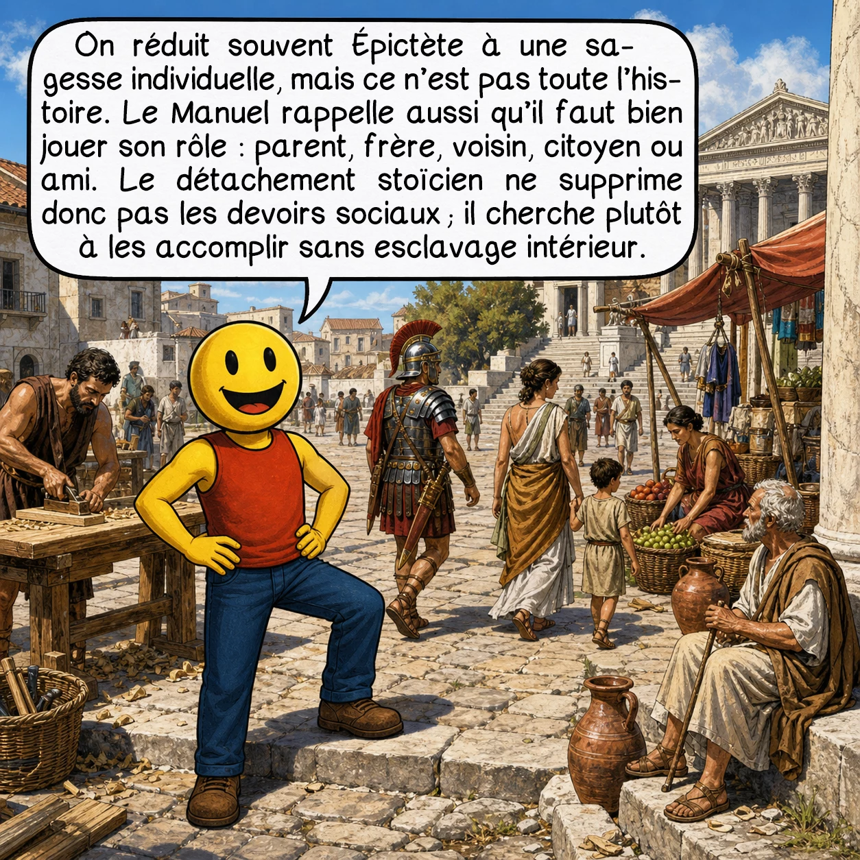 L'Enchiridion d’Épictète, case 6 : On réduit souvent Épictète à une sagesse individuelle, mais ce n’est pas toute l’histoire. Le Manuel rappelle aussi qu’il faut bien jouer son rôle : parent, frère, voisin, citoyen ou ami. Le détachement stoïcien ne supprime donc pas les devoirs sociaux ; il cherche plutôt à les accomplir sans esclavage intérieur.