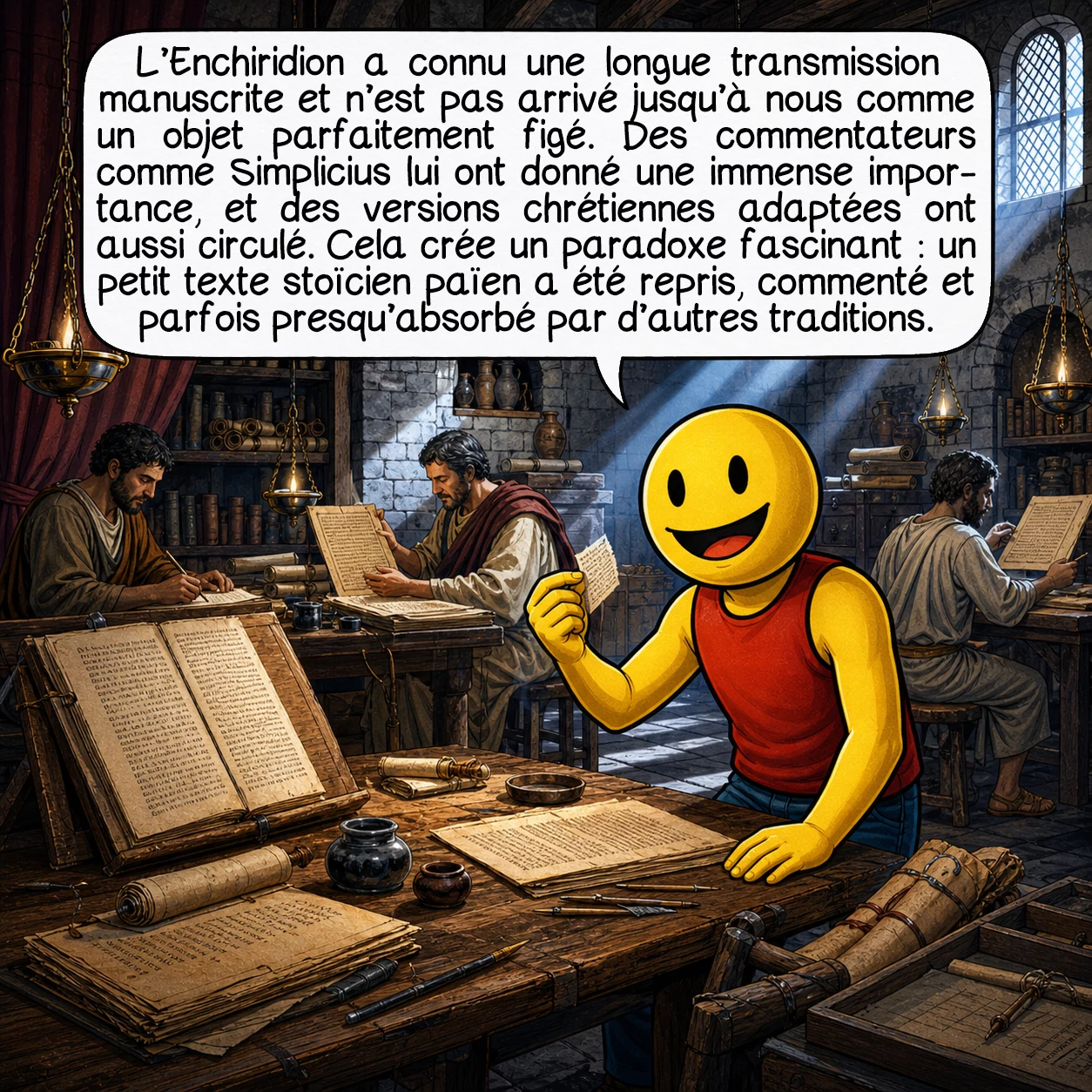 L'Enchiridion d’Épictète, case 7 : L’Enchiridion a connu une longue transmission manuscrite et n’est pas arrivé jusqu’à nous comme un objet parfaitement figé. Des commentateurs comme Simplicius lui ont donné une immense importance, et des versions chrétiennes adaptées ont aussi circulé. Cela crée un paradoxe fascinant : un petit texte stoïcien païen a été repris, commenté et parfois presque absorbé par d’autres traditions.