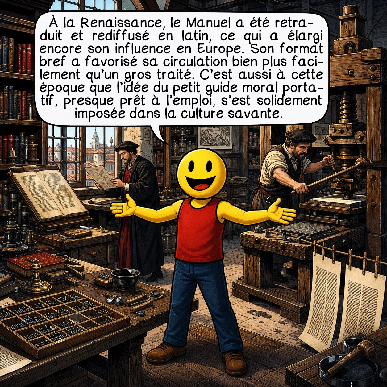 L'Enchiridion d’Épictète, case 8 : À la Renaissance, le Manuel a été retraduit et rediffusé en latin, ce qui a élargi encore son influence en Europe. Son format bref a favorisé sa circulation bien plus facilement qu’un gros traité. C’est aussi à cette époque que l’idée du petit guide moral portatif, presque prêt à l’emploi, s’est solidement imposée dans la culture savante.