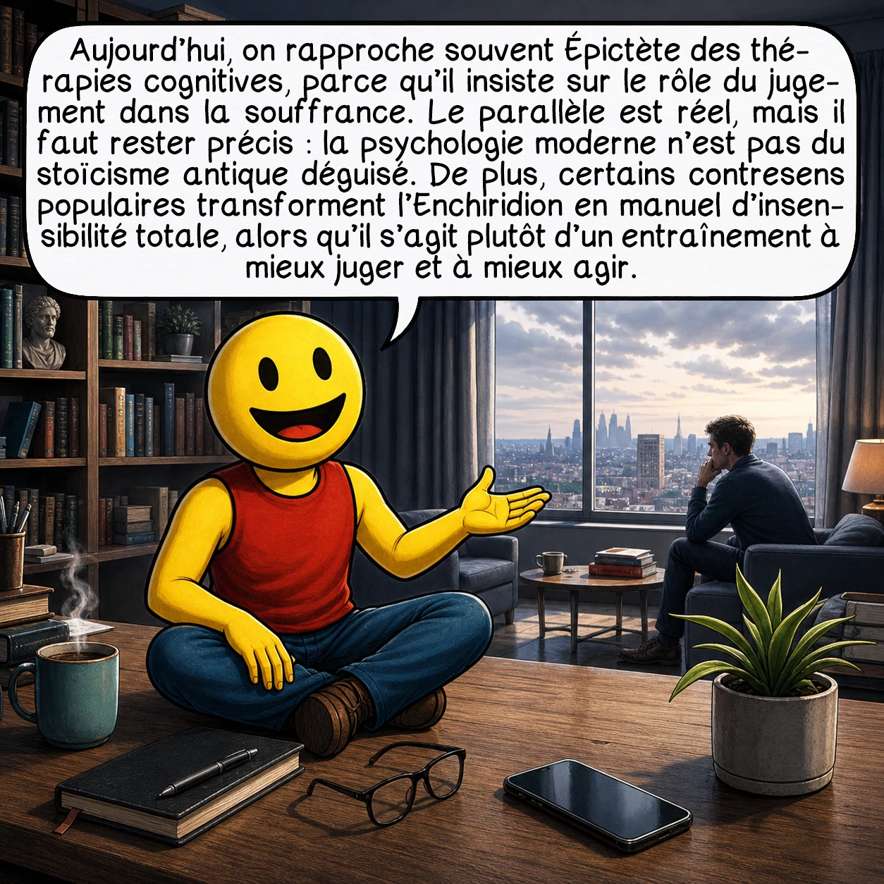 L'Enchiridion d’Épictète, case 9 : Aujourd’hui, on rapproche souvent Épictète des thérapies cognitives, parce qu’il insiste sur le rôle du jugement dans la souffrance. Le parallèle est réel, mais il faut rester précis : la psychologie moderne n’est pas du stoïcisme antique déguisé. De plus, certains contresens populaires transforment l’Enchiridion en manuel d’insensibilité totale, alors qu’il s’agit plutôt d’un entraînement à mieux juger et à mieux agir.